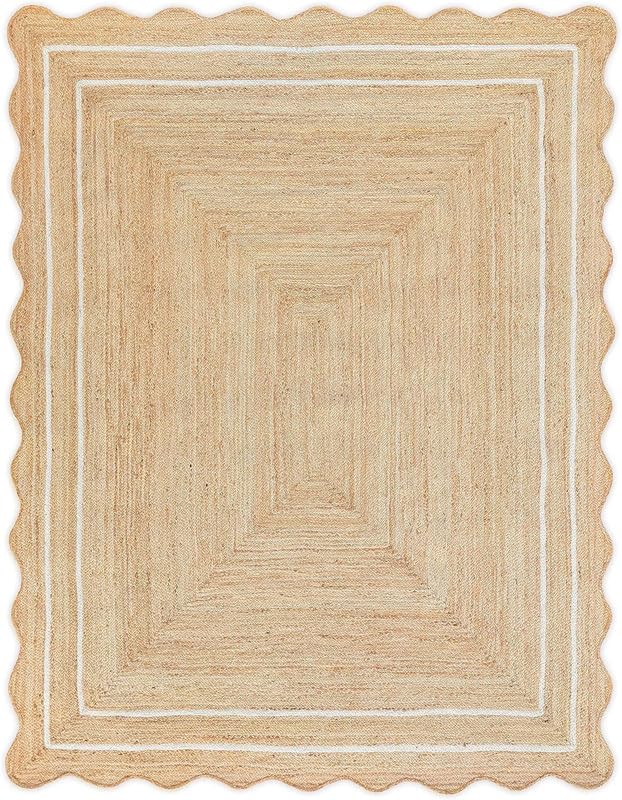Aizza Trends Alfombra de yute festoneado natural con borde blanco de 12 x 15 pies, tapete trenzado ecológico hecho a mano para sala de estar, dormitorio y entrada