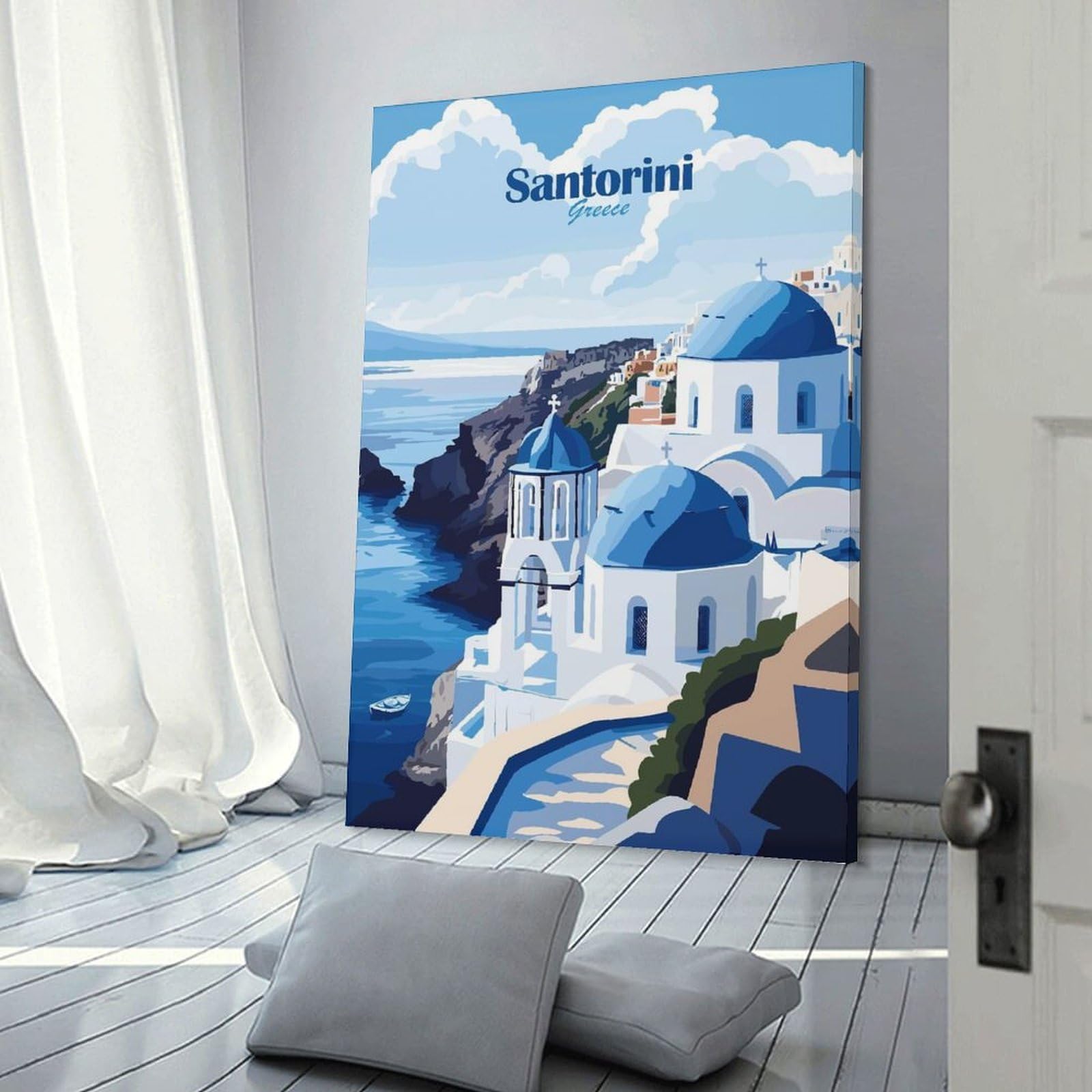Junmoney Frame-Style-6 Wall Picture Print Santorini Greece(4), 24X36inch(60X90cm), For Contemporary Homes, Apartments Or Offices, Decorative Canvas Decor For Home Updates