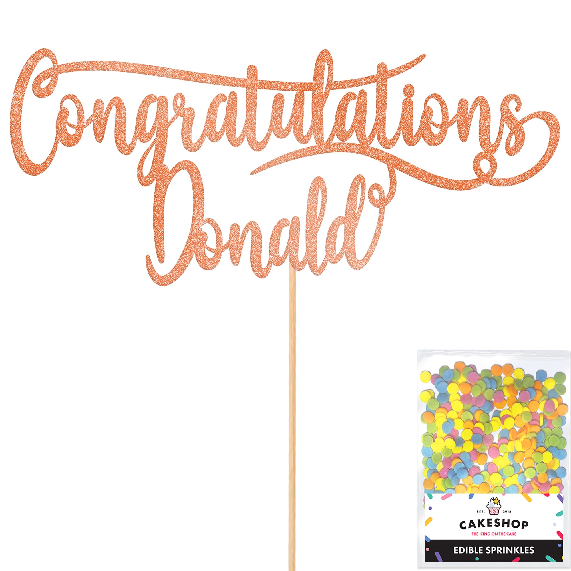 Cakeshop Personalised Congratulations Glitter Cake Topper With Sprinkles - Rose Gold Custom Colour - Any Name - Double-Sided Glitter Card Cake Decoration - Custom Toppers for Cakes