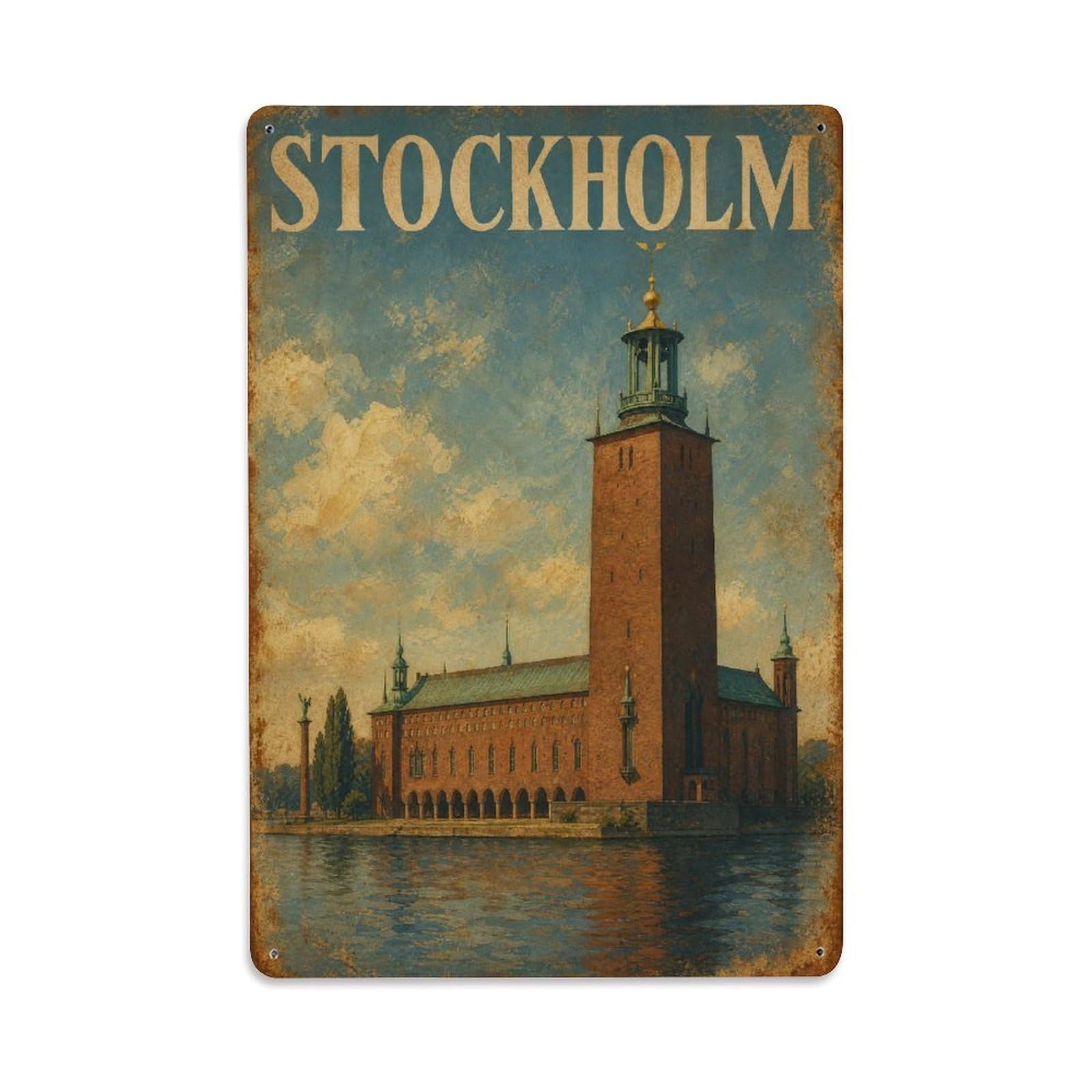 Huiyhb 8X12inch(20X30cm) Vintage Travel Stockholm Town Hall Sweden Metal Tin Sign
