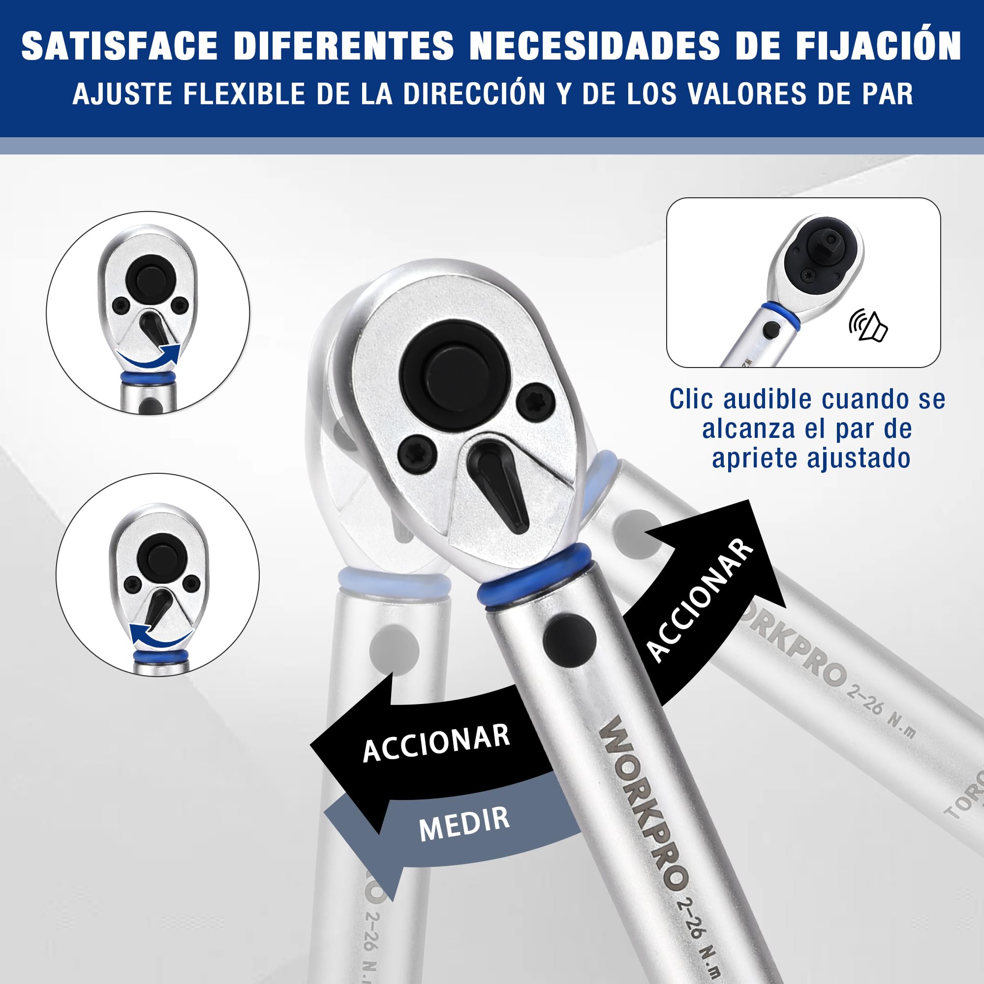 WORKPRO Llave Dinamométrica, 1/4", 2-26Nm, 14 Piezas | Precisión de ±3%, Carraca de 72 Dientes con Barra de Extensión para Bicicletas, Motos y Automóviles