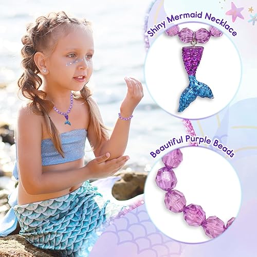 Miniatura 5 de Juego de 4 collares con dije de corona de sirena para niña de cumpleaños, suministros de decoración de fiesta de cumpleaños bajo el mar, tiara para