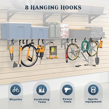 Jusgym 2 Pack Heavy Duty Garage Wall Shelving with 8 Hooks, 1x4ft, 500lbs