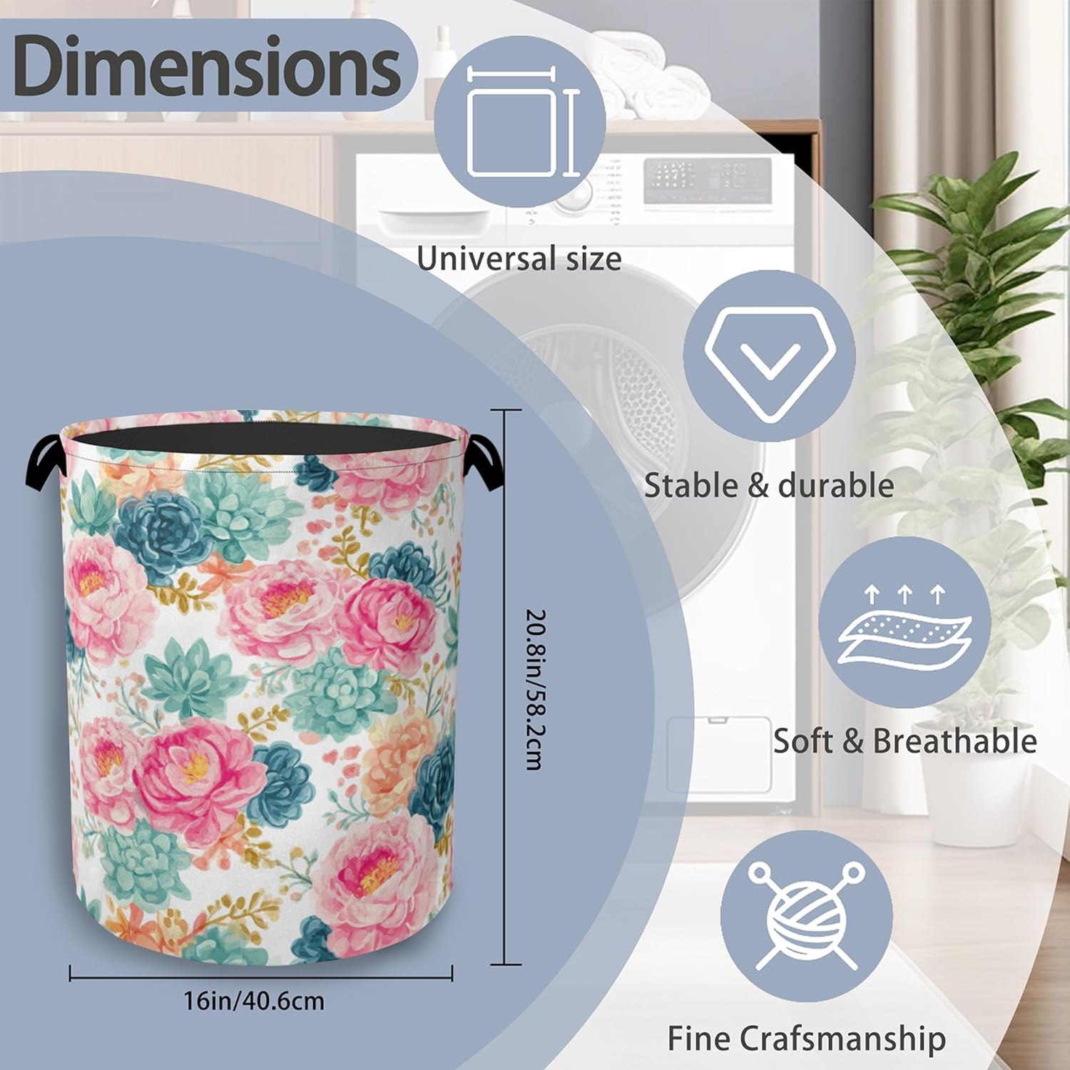 Succulent Plant Laundry Basket,Pink Flowers Oxford Cloth Laundry Hamper with Handle Foldable Portable Clothes Storage Basket for Bathroom Bedroom Dorm Room 16" x 20.8"