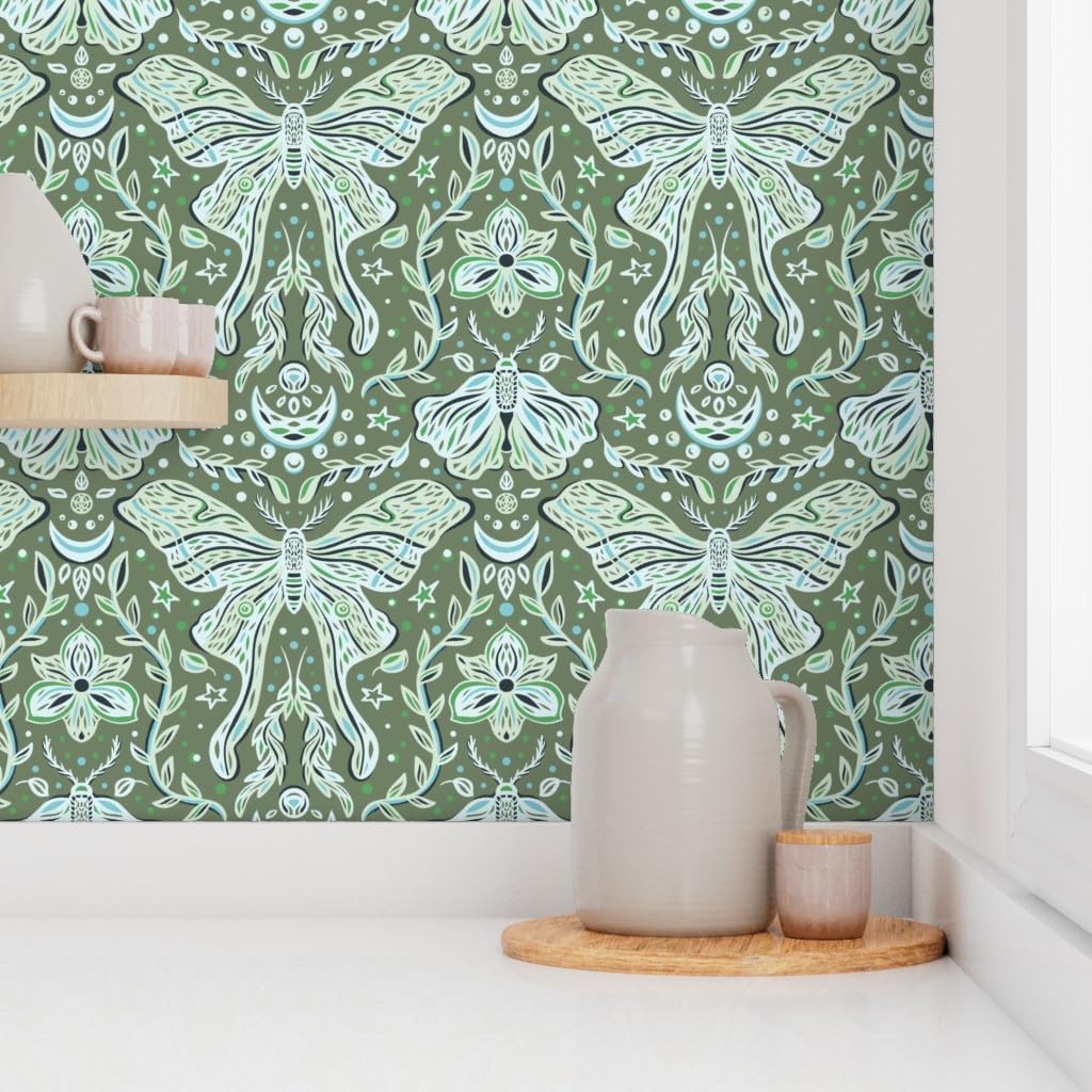Peel & Stick Wallpaper 6ft x 2ft - Whimsical Insect Moth Floral Botanical Moon Vines Leaves Flowers Green Blue Nature Block Print Custom Removable Wallpaper by Spoonflower