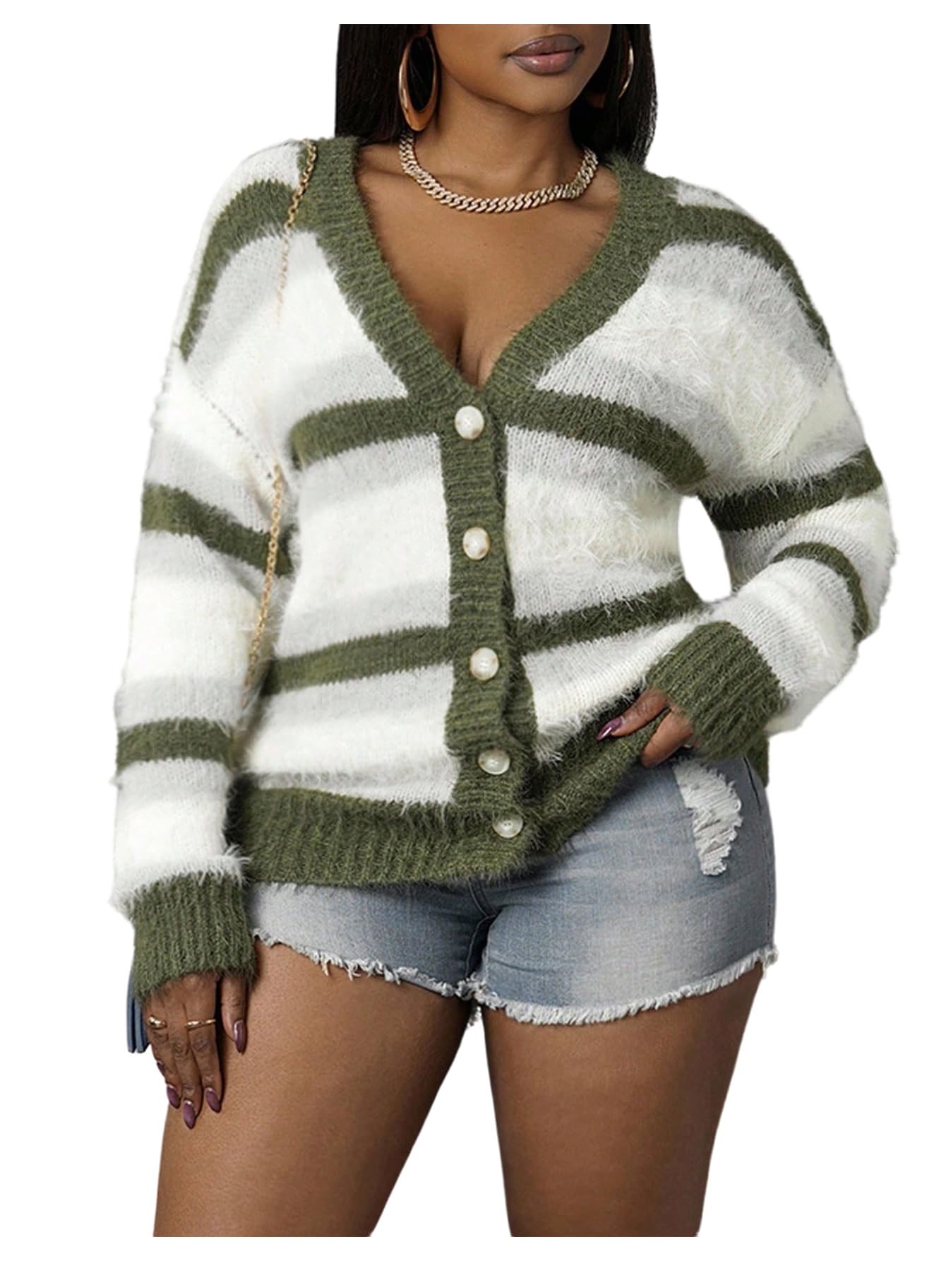 SOLY HUX Womens Striped Cardigan Sweater Fuzzy Knit Button Down V Neck Long Sleeve Trendy Outerwear