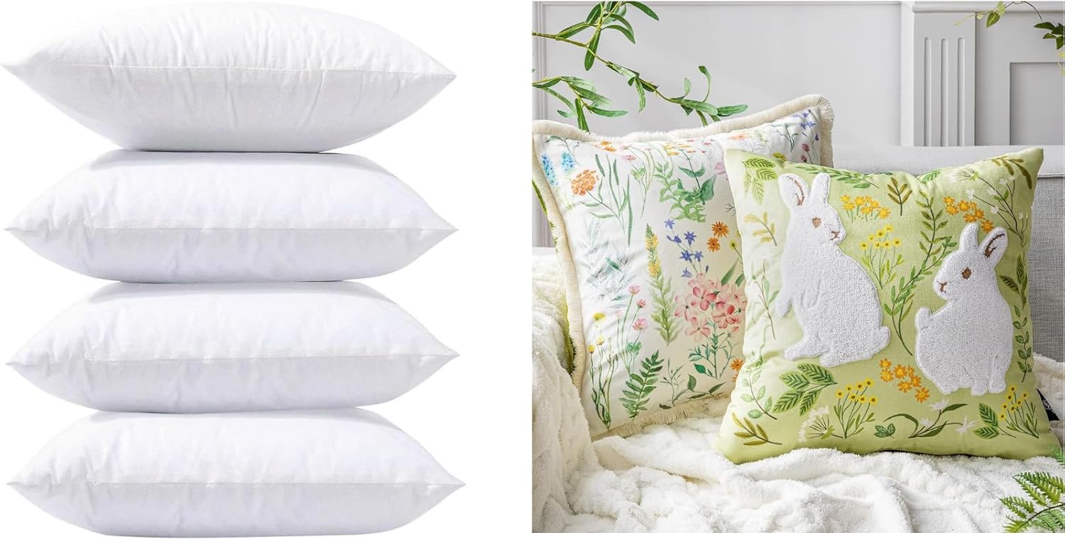 Phantoscope Pillow Fillers 4 Piece Set and Easter Throw Pillow Cover, Bundle - Hypoallergenic 100% Virgin Fiber Square Microfiber Throw Pillow, Tassel Trimmed Printed Colorful Flowers and