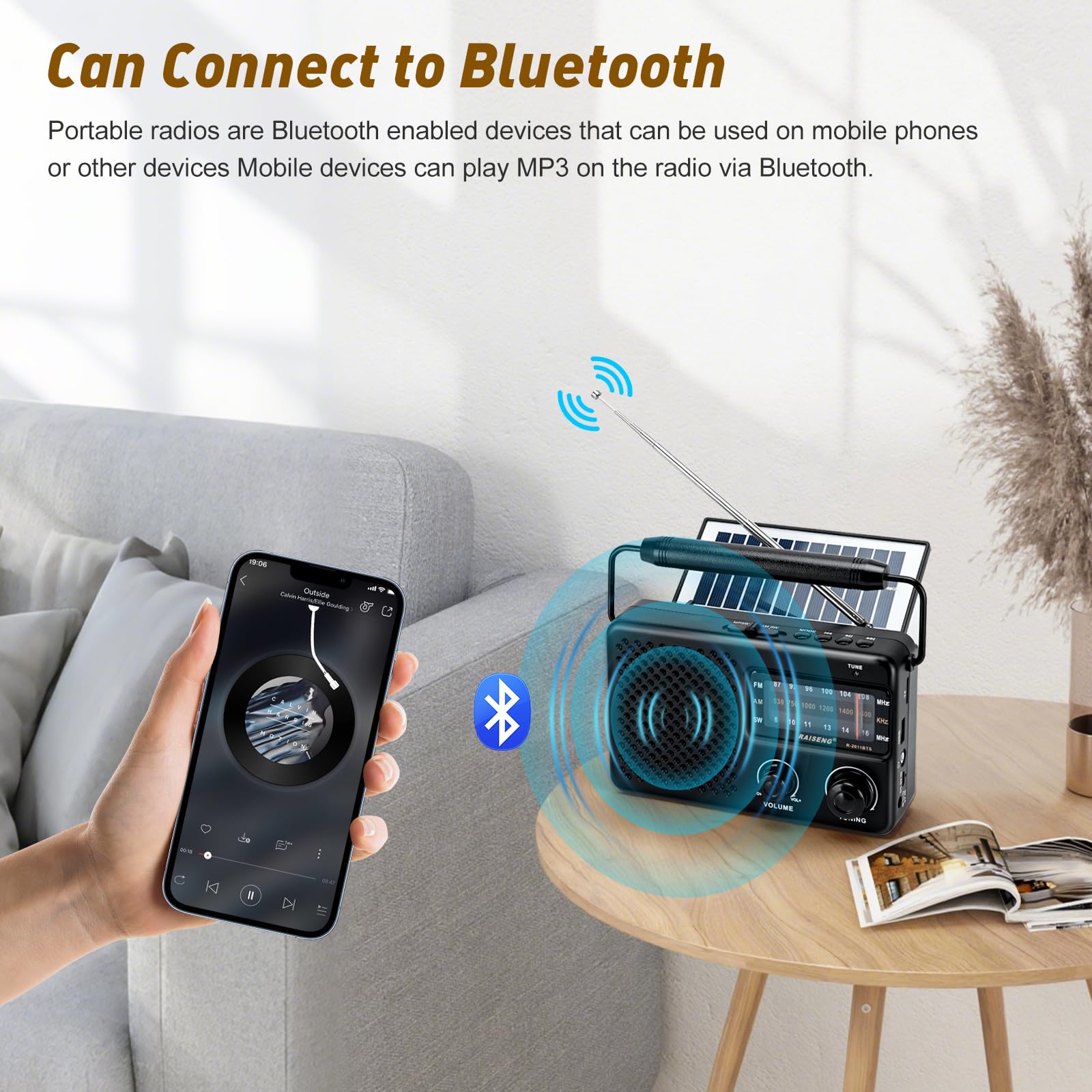 Radio portátil con Bluetooth y energía Solar - Radio Recargable FM/Am/SW, Reproducción USB/TF, Sonido Hi-Fi, Tamaño de Bolsillo para el Aire Libre, Viajes, Uso doméstico (Negro)