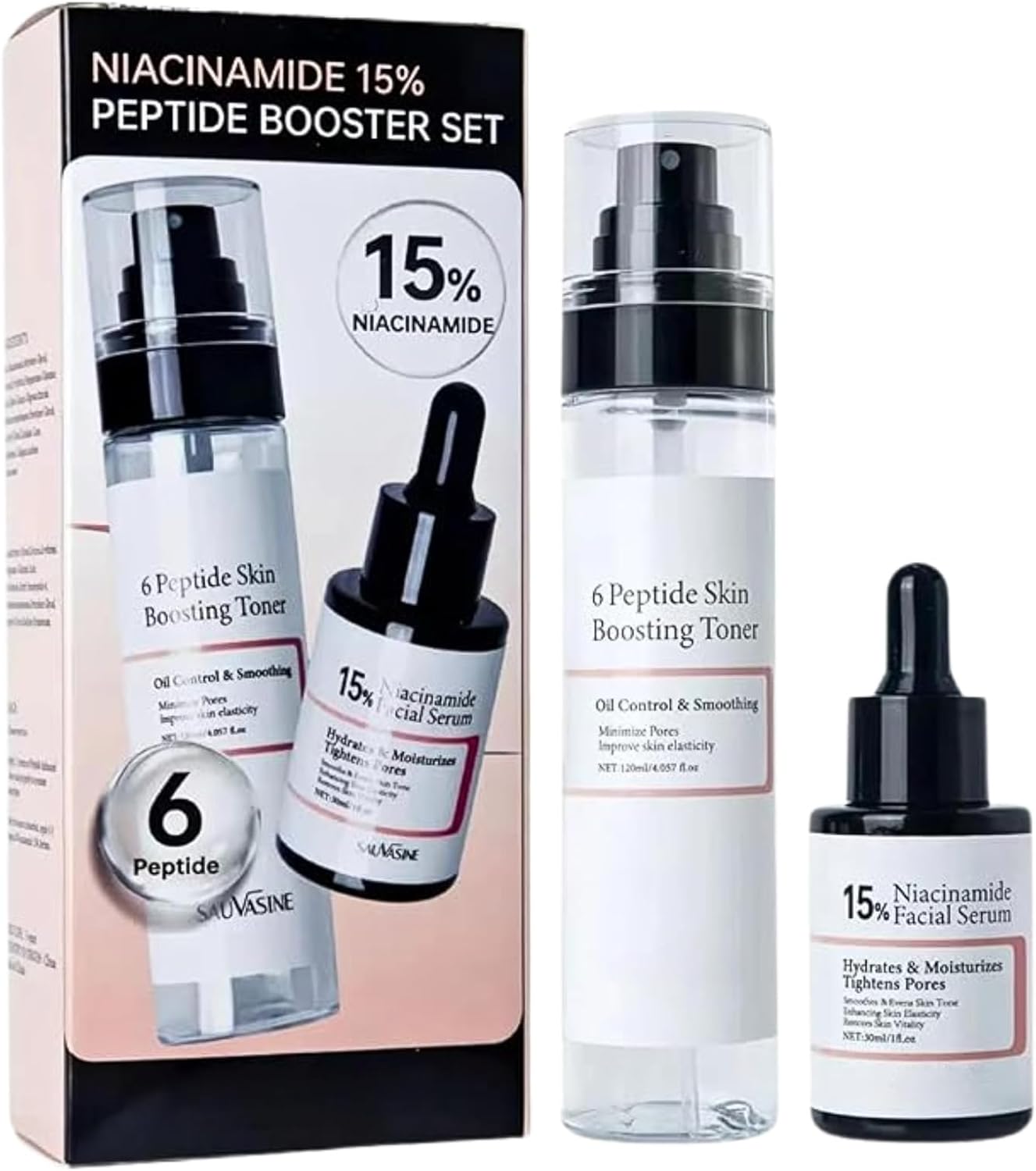 Niacinamide 15% Peptide Booster Set – Korean Skin Care Set – Niacinamide Serum & 6 Peptide skin booster Toner, Skincare Gift Sets for Women, Anti-Aging Serum for Pore Minimizer, Hydrating, Firming