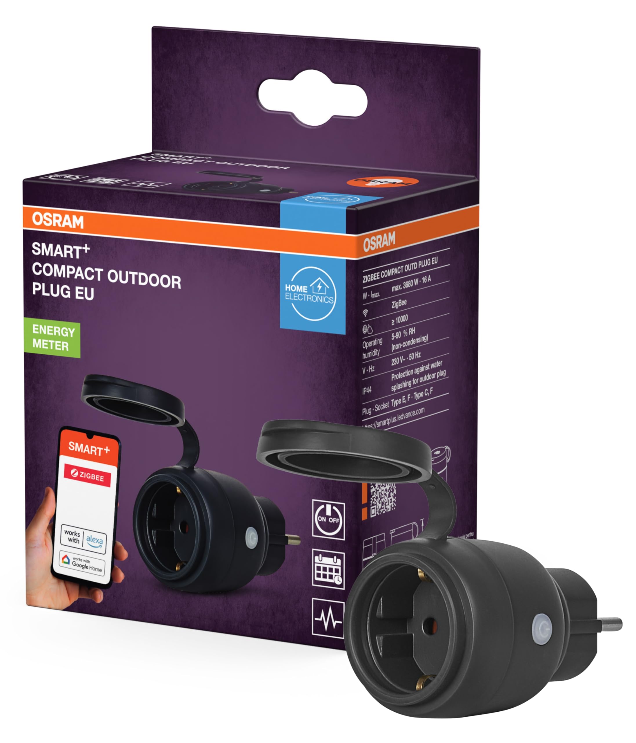 OSRAM SMART+ ZIGBEE Outdoor-EU-Steckdose, Außensteckdose mit Energieverbrauchskontrolle in Schwarz aus PP, IP44-Schutz, Integration von Geräten ins Smart Home