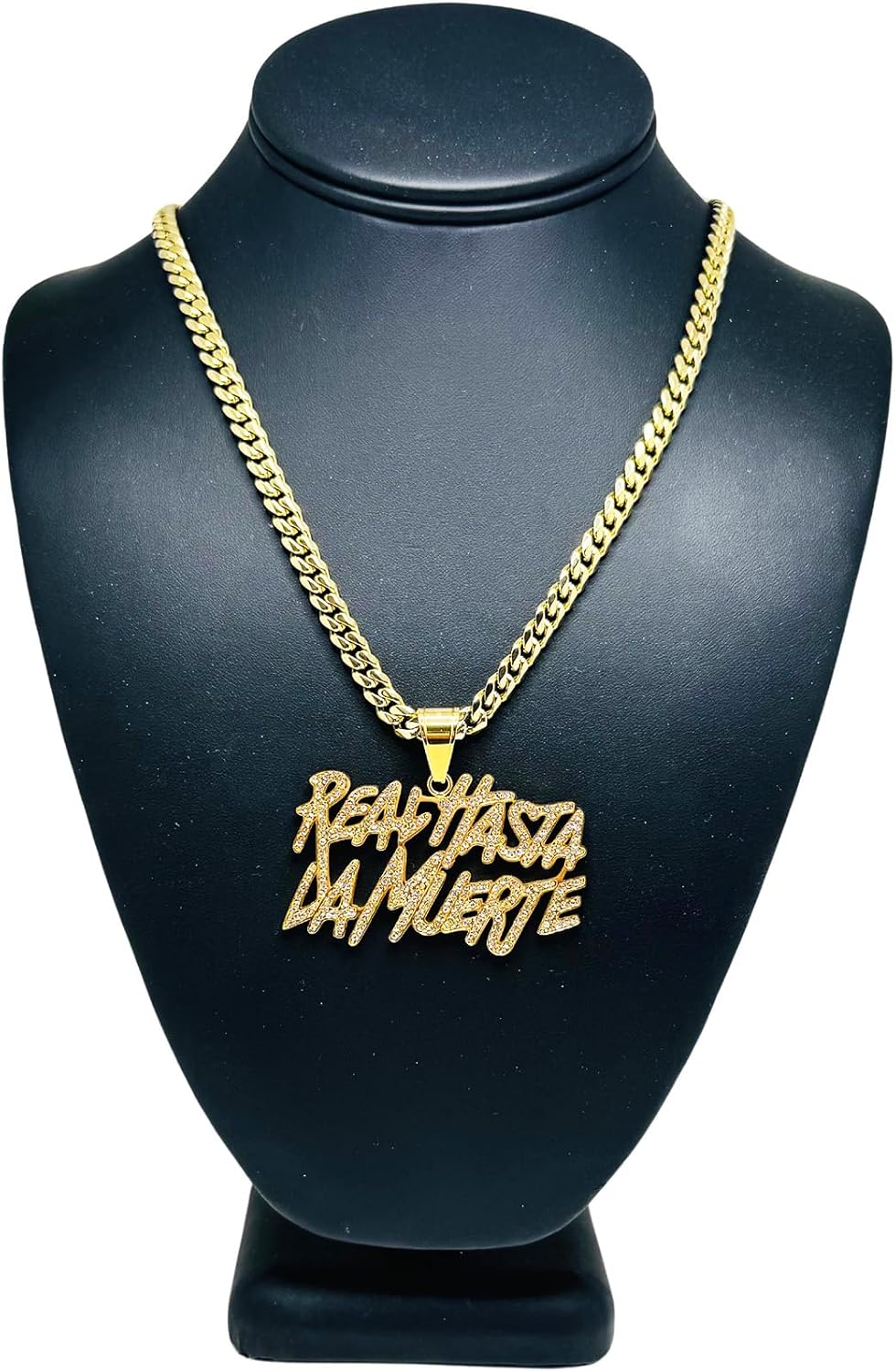Iced Jewelry Hip Hop 14k Gold Plated 'Real Hasta La Muerte' Pendant, 24 inches Cuban Necklace (Gold)