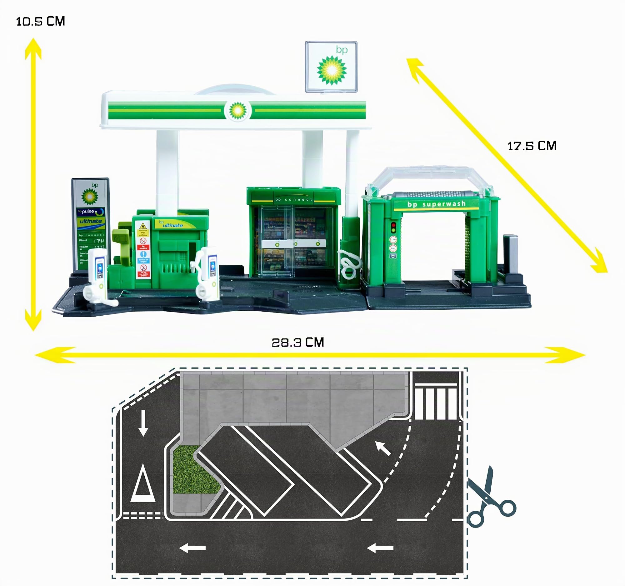 Majorette Petrol Station BP (Incluye Coche de Juguete) – Estación de Servicio de Juguete con Sistema de Lavado, Tienda, pilares de Grifo y Carga y Muchas Funciones, Juego de Coche para niños a Partir