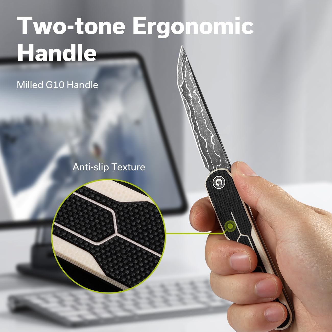 CIVIVI KwaiQ Pocket Knife, Folding Knife with Inline Flipper for EDC, 2.97" Damascus Tanto Blade Two-tone G10 Handle for Women Men C23015-DS1