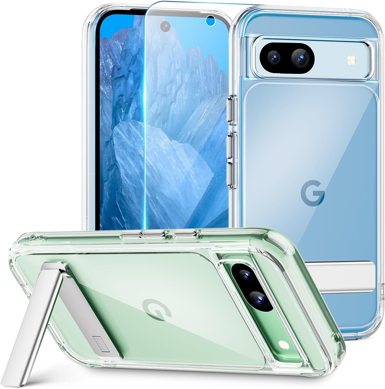 Oterkin for Google Pixel 8a Case Clear,[Anti-Yellowing]Pixel 8a Case with 3 Modes Adjustable kickstand[1×Screen Protector][Built-in 4 Airbag][10FT Grade Shockproof]Hard Back Google Pixel 8a Phone Case