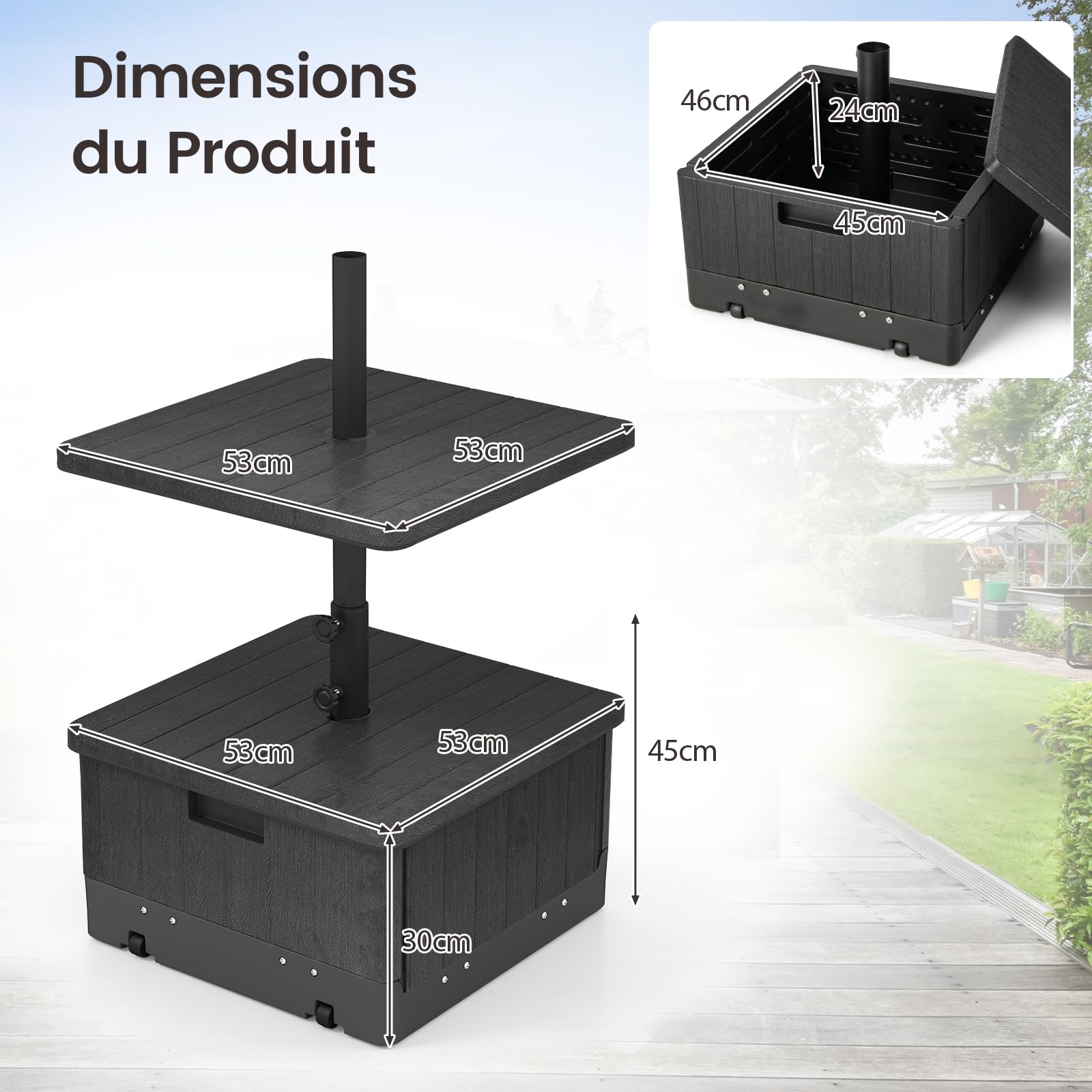 RELAX4LIFE Base de Parasol avec Table Basse Carrée 3-en-1 (Noir)