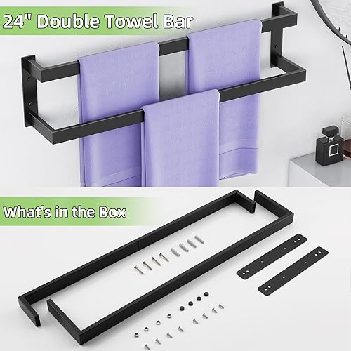 Miniatura 8 de Toallero doble, toallero de 24 pulgadas para baño montado en la pared, toallero de acero inoxidable, toallero doble para toallero para pared,