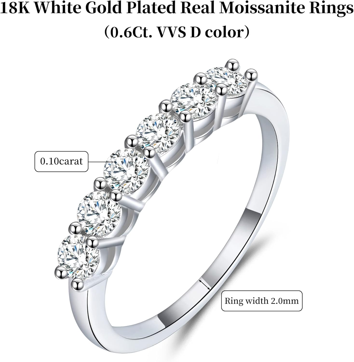 Moissanite Wedding Band, Wedding Rings for women, 0.6 ct D Color Sterling Silver Rings Half Eternity Stackable Engagement Ring Anniversary Band Size 4.5-8.5