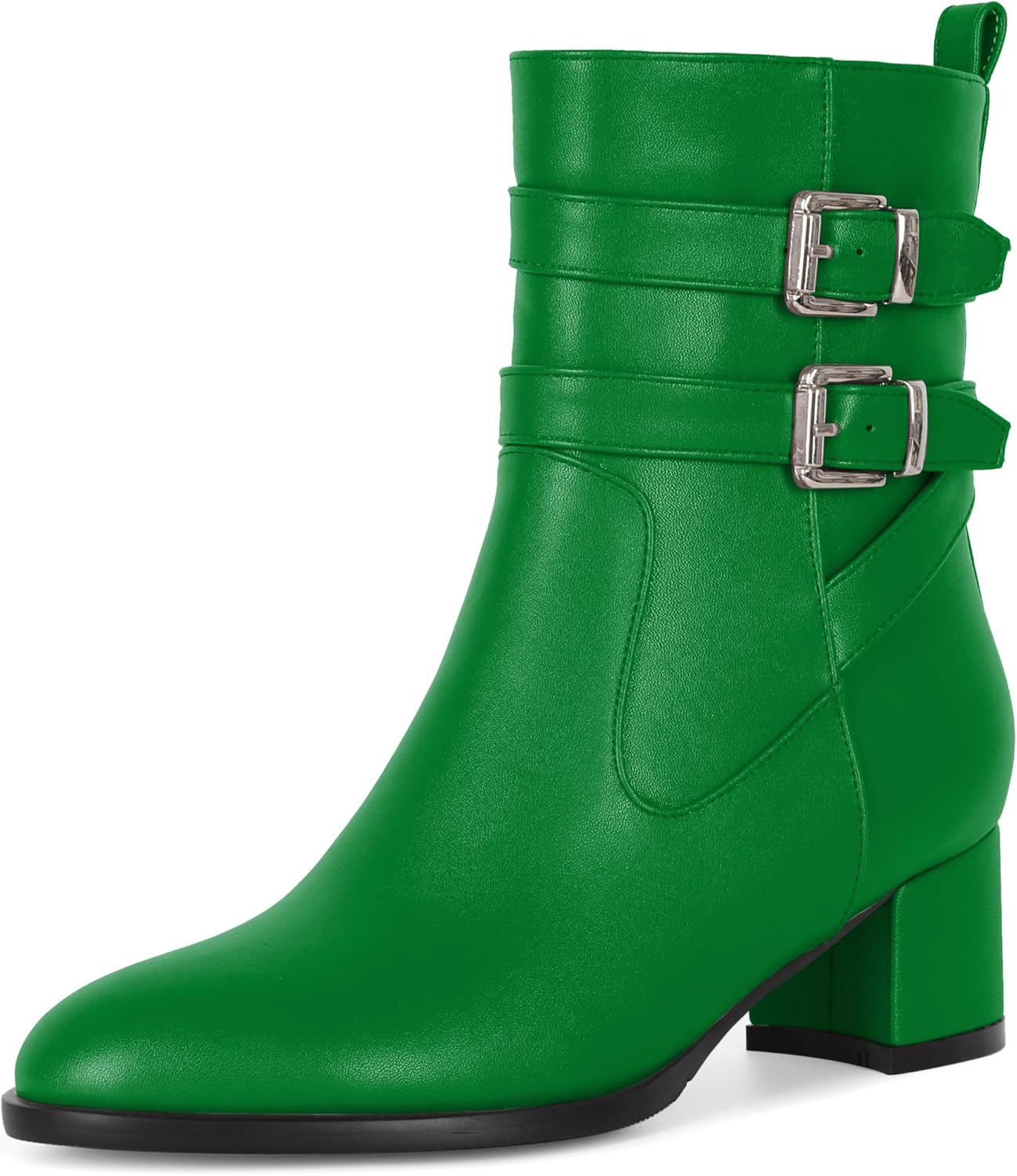 AUMOTED Kitten Low Ankle Boots for Women Chunky Block Heel Bootie Side Zipper Round Toe Double Adjustable Buckle Boots Women 2 Inch Heeled Boots