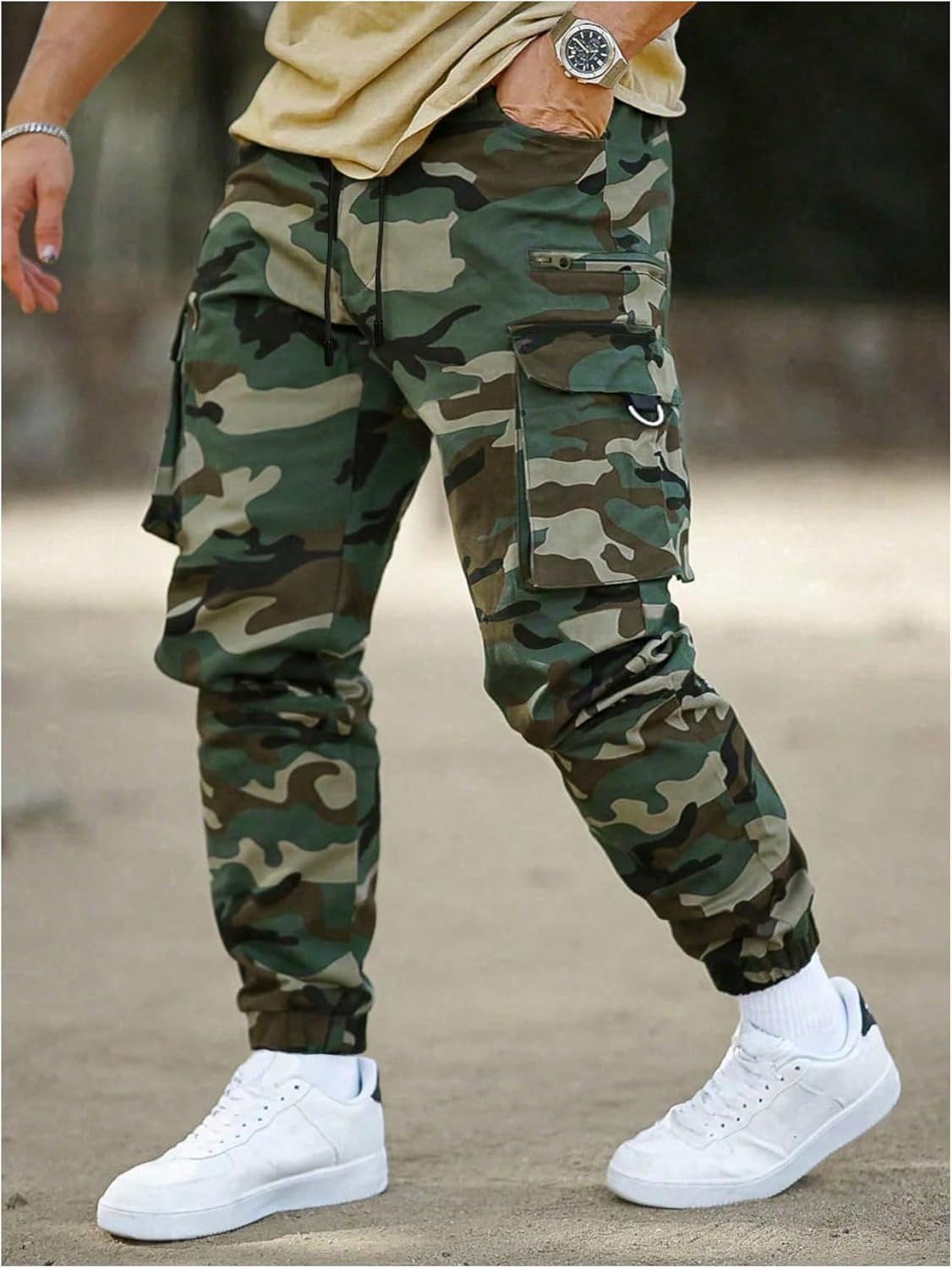 Men's Camo Cargo Pants Streetwear Drawstring Flap Pockets Workout Jogger Pants - Image 2