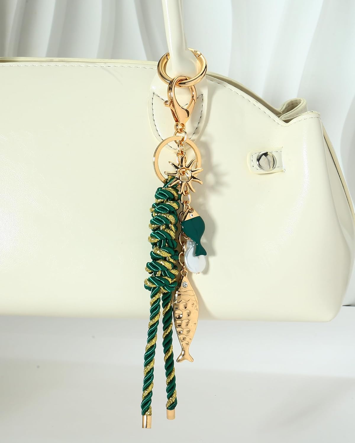 Fish Keychain Purse Charms for Handbags Green Rope Knot Bag Charm Ocean Style Sun Fish Gold Keychain Purse Backpack Charms for Summer Beach Bag Charm Key Accessories - Image 6