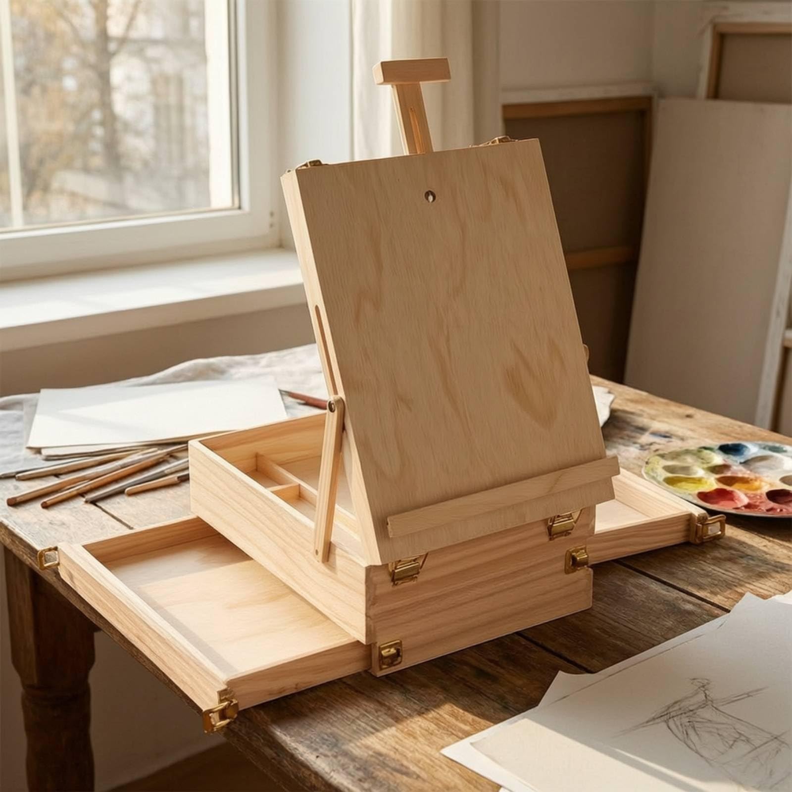 Scatola Cavalletto in Legno Compatto, Cassetta Da Pittura Portatile In Legno Massello, Modello Aperto, Con Cavalletto Da Tavolo E Cassetto Circa 33,3 × 27,7 × 26 Cm