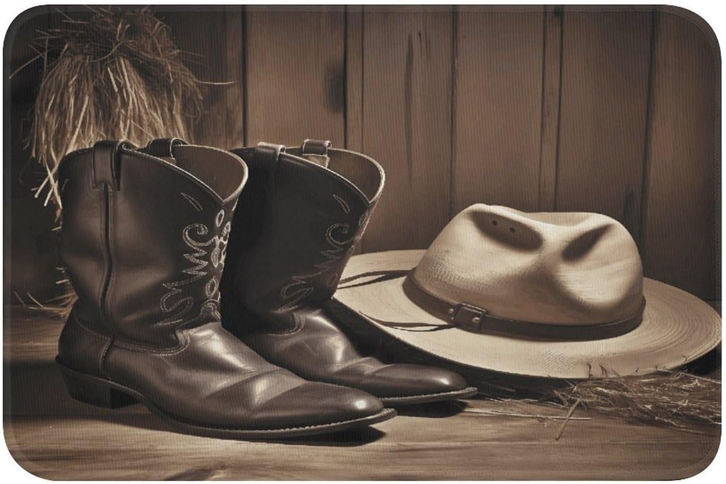 Cowboy Black Hat Western Boots Front Door Mat for Home Decor Outdoor Indoor Entrance Door Mat Non-Slip Outside Doormat Washable Kitchen Rug Crystal Velvet Welcome Mats Soft Small Area Rug