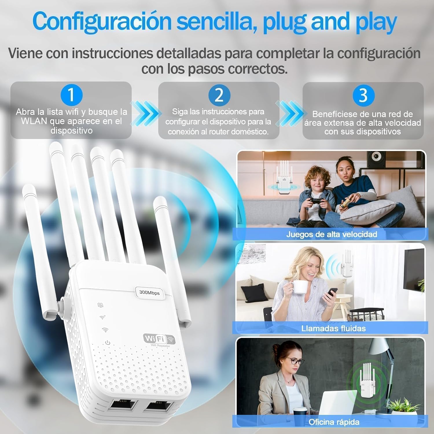Repetidor WiFi,2026 Potente Amplificador WiFi,Amplificador señal WiFi,Repetidor WiFi Largo Alcance,6 Antenas,2 Puertos LAN,Cobertura de hasta 11800Sq.para Oficinas Y hogares,R08333 — view 5