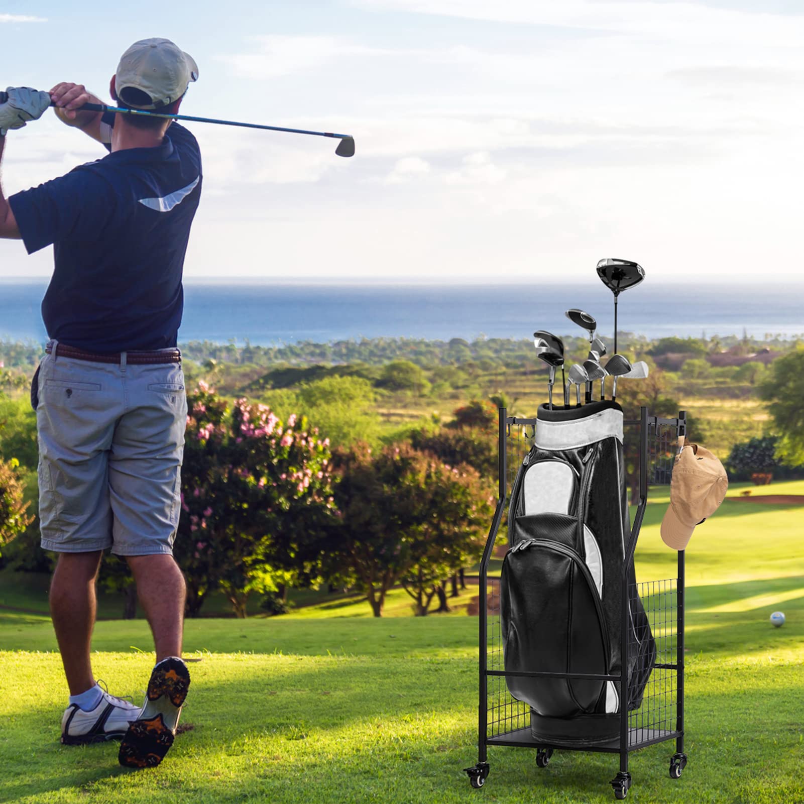 PARANTA Golf Bag Storage Rack with Wheels, Golf Bag Stand with Movable Hooks, Suitable for Storage Organizer of Golf Equipment and Accessories in Garage, Basement and Club, Black