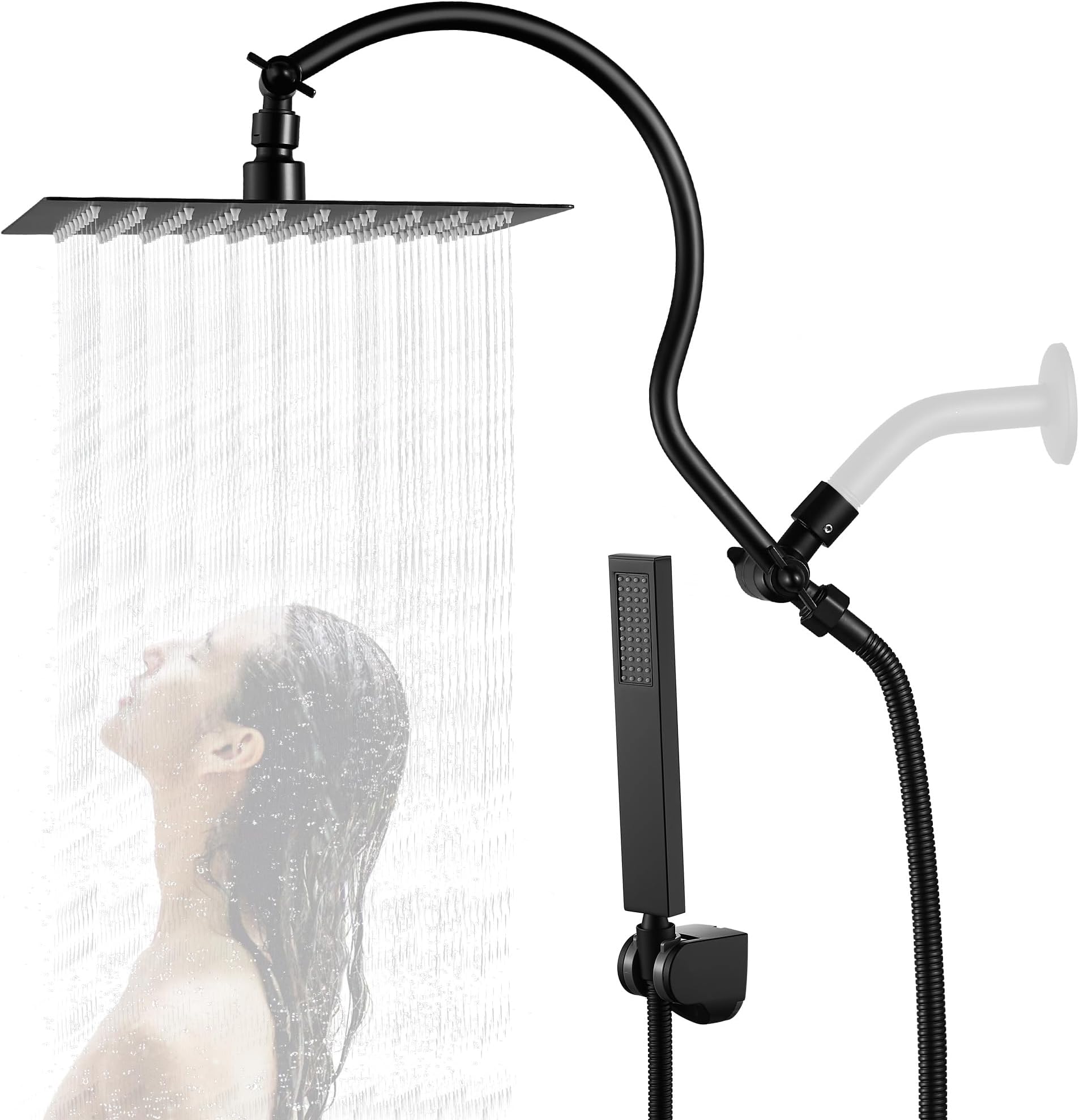 Fransiton Black Shower Head Handle Set, 10 Inch Square Shower Head with Handheld Spray Combo, Rainfall High Pressure Shower Head Extension Arm, 71 Inch Long Hose, Showerhead Holder for Couples