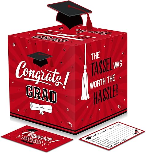 Funrous Caja grande de tarjetas de graduación roja y negra con 30 piezas de tarjetas de consejos, caja de dinero de regalo, tapa 3D