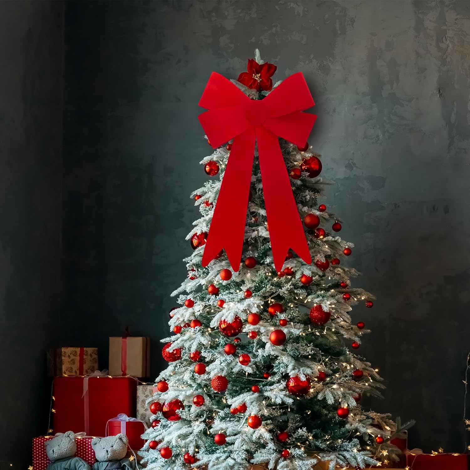 Crowye 2 Pcs Large Christmas Red Velvet Bow 18 x 32 Inches Jumbo PVC Decorative Plastic Bows Waterproof Christmas Tree Topper Bow Ribbon for Outdoor Indoor Holiday Decoration