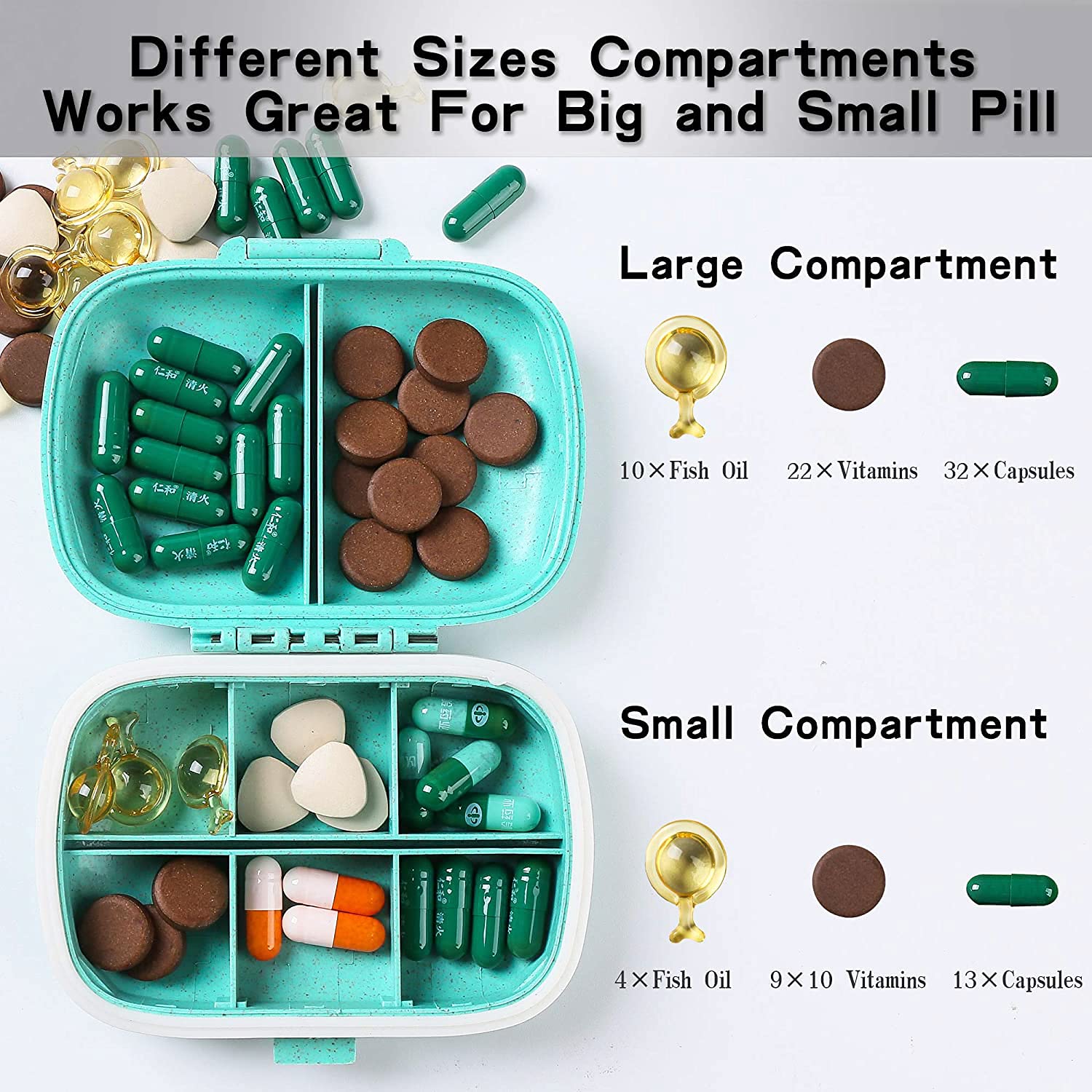Pastillero diario de 4 piezas, pastillero de 8 compartimentos, estuche de medicamentos, estuche de suplemento de píldoras impermeable, contenedor portátil de bolsillo de viaje