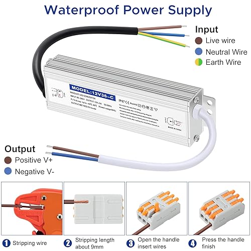 Miniatura 5 de Fuente de alimentación impermeable del controlador IP67 LED 12V 36W 3A, 110V AC a 12V DC Convertidor, ideal para interiores y exteriores, marina, e