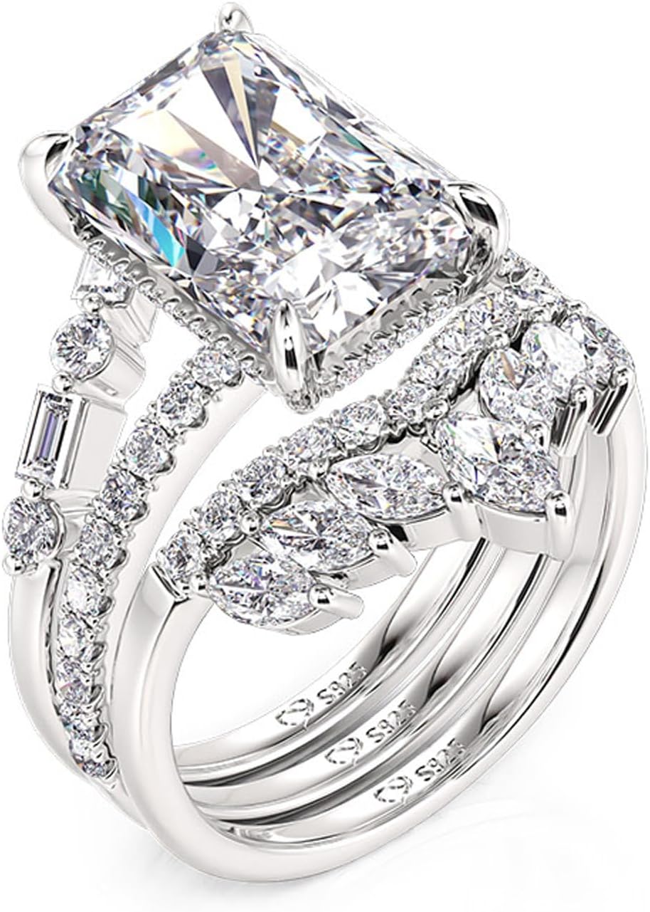 Jeulia 3PCS Radiant Cut Halo Engagement Ring Set for Women, Sterling Silver Bridal Set with 6.93CT Diamonds, Wedding Band with Gift Jewelry Box