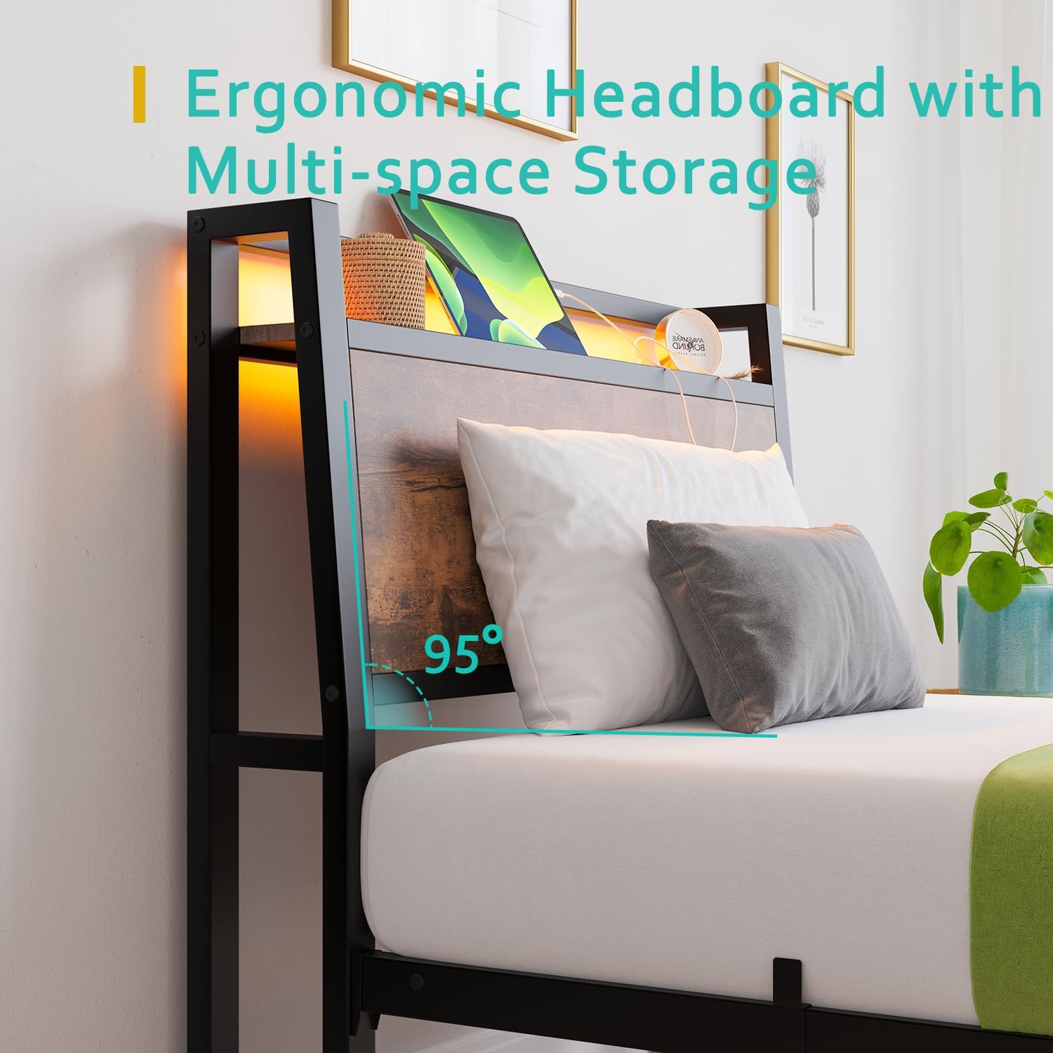 Twin Bed Frames with Ergonomic Storage Headboard,Metal Platform Bed Frame with Charging Station,LED Bed Frame Twin Size No Box Spring Needed,Heavy Duty Steel Slats,Noise Free,Rustic Brown