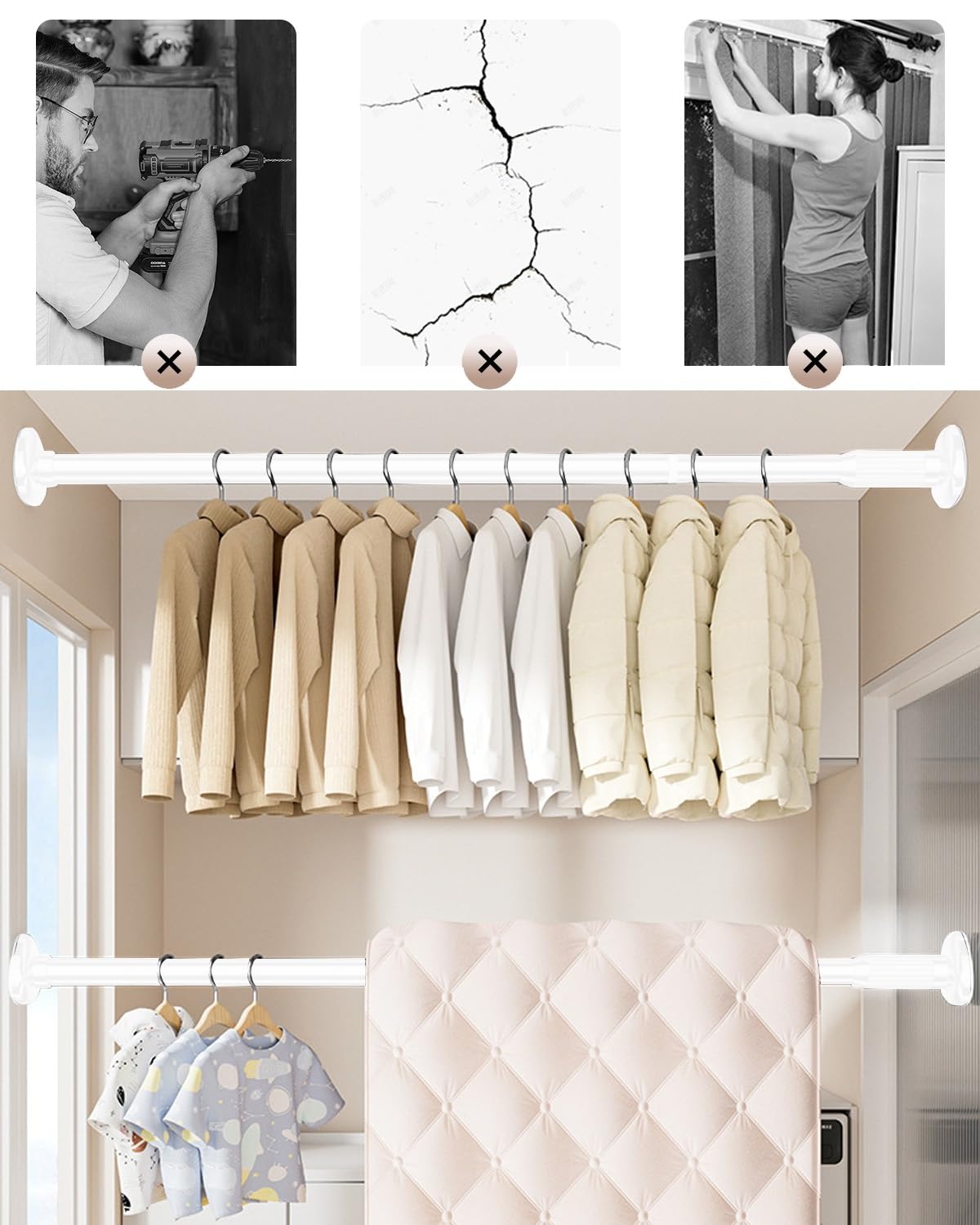 Tringle de douche sans perçage 40,6 à 498 cm en acier sans perçage extensible 210,8 à 299,7 cm pour salle de bain cuisine placard – Blanc H