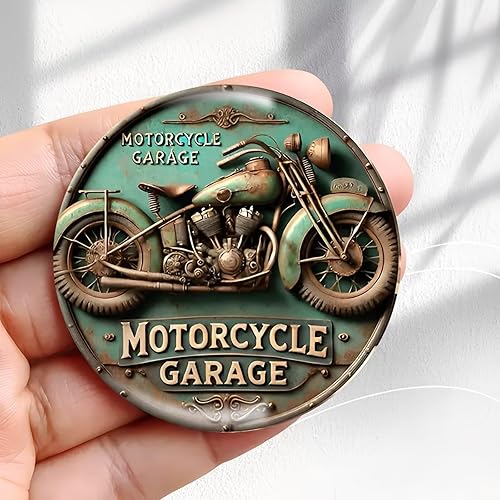 Vintage Fridge Magnet Motorcycle Garage Design -2.3inch Acrylic Round Refrigerator Sticker Retro Decor Gift Perfect Size for Fridge, Locker, Or Any