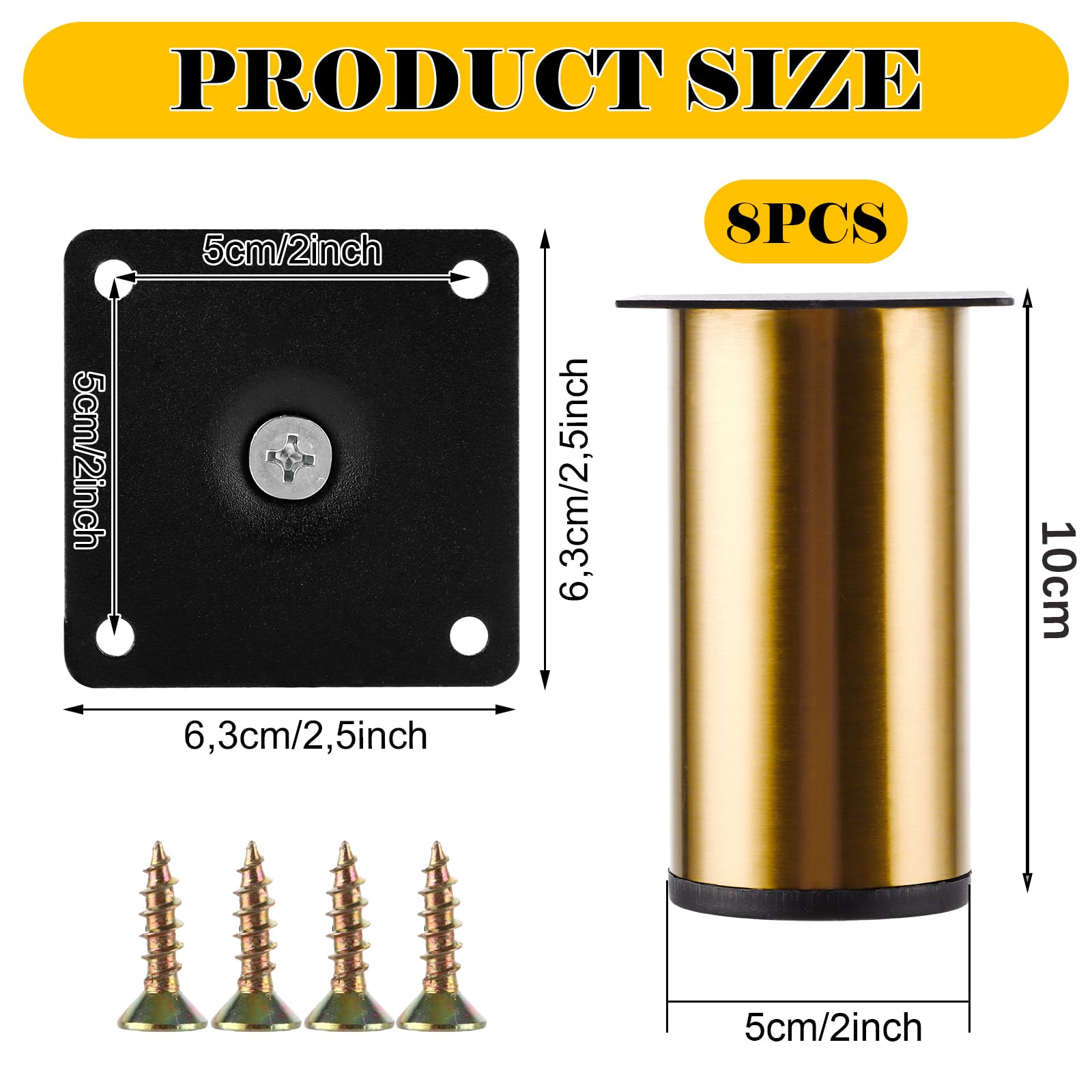 YAYODS Set di 8 piedini per mobili dorati da 10 cm, robuste gambe per mobili in metallo, regolabili in altezza + 10 mm, piedini resistenti per comò, divano, tavolino da caffè e mobile TV, viti incluse