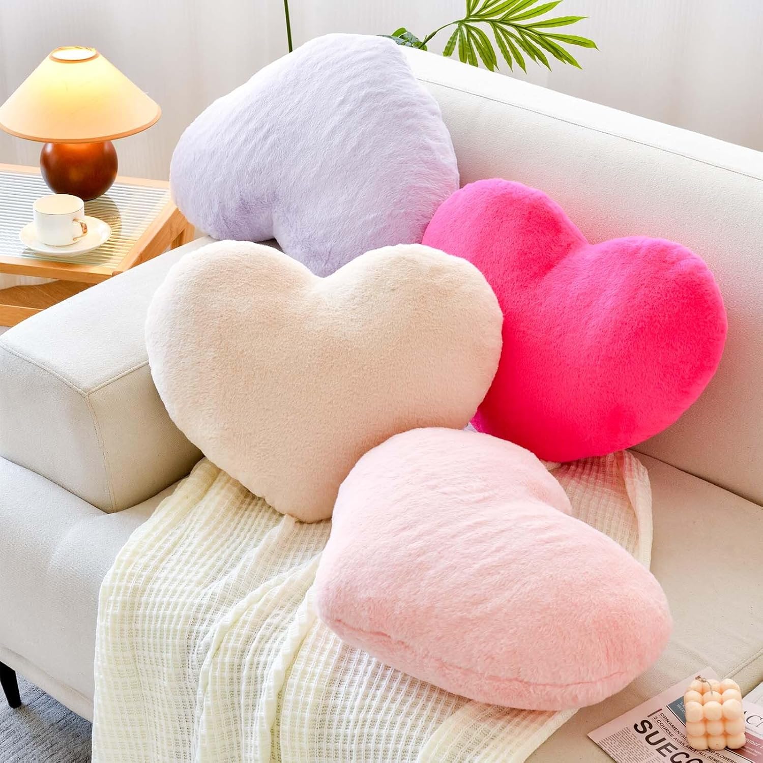 XVTRU Orange Heart Pillows, Cute Heart Decorative Pillow, Heart Shaped Throw Pillows for Bed, Faux Rabbit Fur Plush Hoom Decor Pillow Cushion for Chair Sofa Living Room (Large-19.6"x15.7")