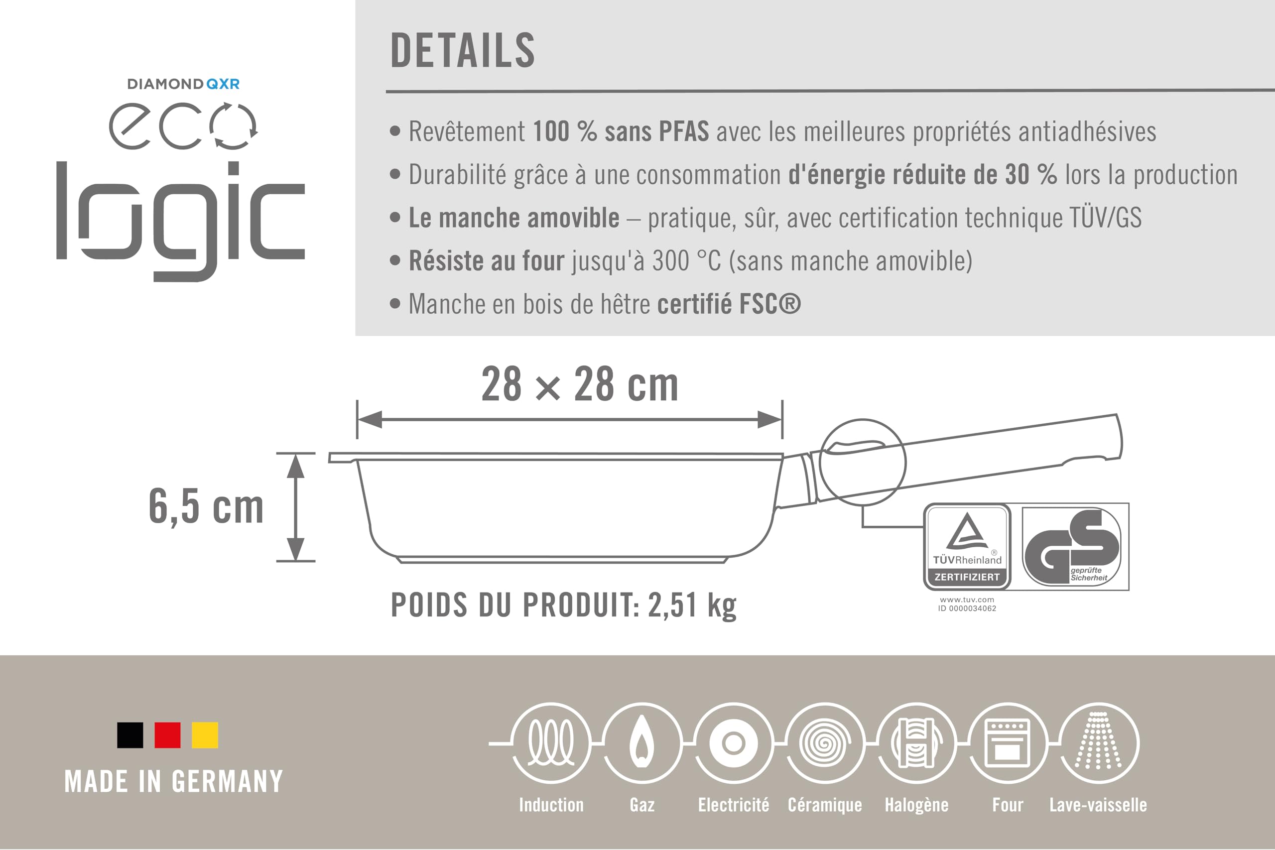 Woll – Poêle carrée Eco Logic QXR 28 x 28 cm avec manche amovible en bois – poêle antiadhésive sans PFAS, compatible four – poêle induction – poêle pour induction – poêle à frire carrée
