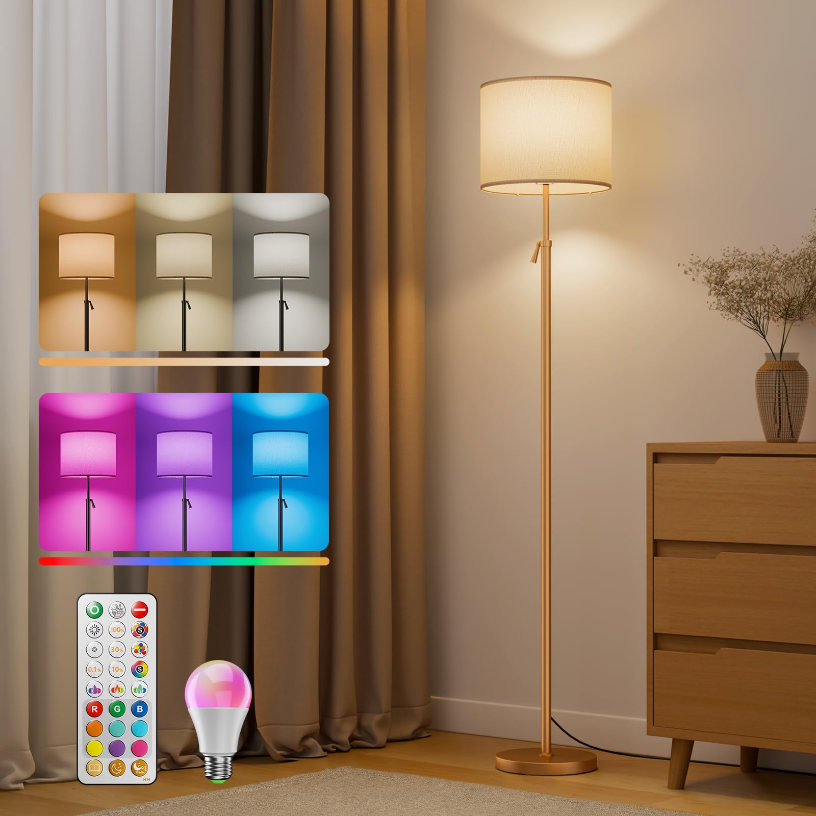 Floor Lamp for Living Room with RGBCW Color Changing Bulbs Dimmable Adjustable Height Standing Lamp with Remote Control