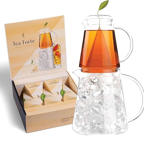Tea Forte Jarra de té sobre hielo + mezclas de infusor de té, té de melocotón y mango, infusores de té helado (5 unidades) + juego de jarra de