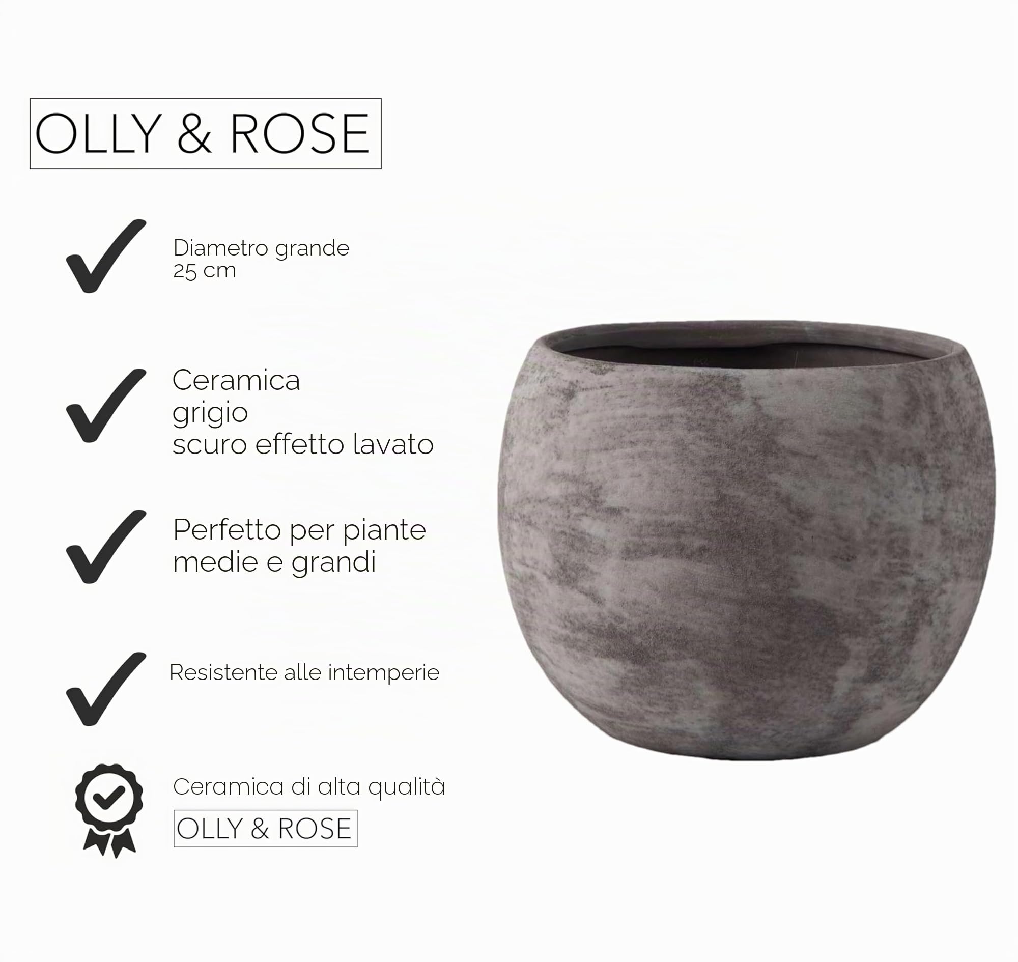 Olly & Rose Vaso per fiori e piante, 25 cm, grande, strutturato, finitura lavata, per interni ed esterni, antracite, nero, cachepot vaso da fiori