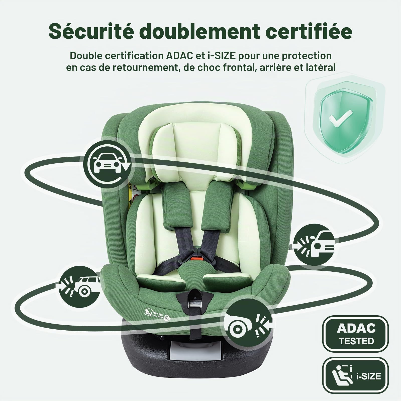 Siège Auto Enfant i-Size Pivotant 360° avec ISOFIX et Top Tether, Testé ADAC, pour Nourrisson et Enfant de 0 à 12 Ans (40-150 cm), Housse Lavable, Groupe 0/1/2/3, Gris