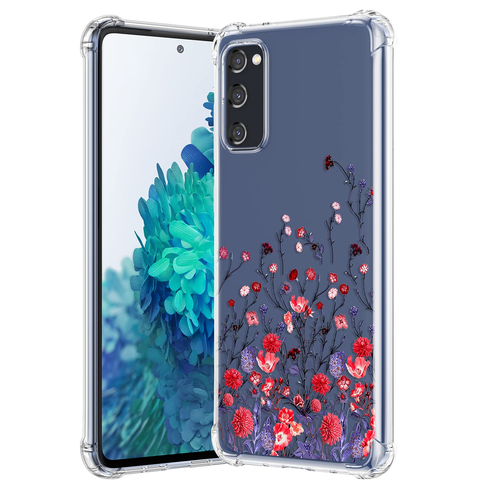RALEAVO Flower Case for Samsung Galaxy S20 FE 5G,Clear Floral Case Slim Cute Cover for Girls Women,Transparent Soft TPU Bumper Protective Case with Reinforced Corners,Red Flower