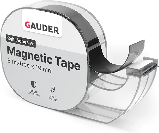 GAUDER Magnetic Tape Dispenser | Thin Magnet Strips Self Adhesive | Sticky Back Magnet Roll (6m)