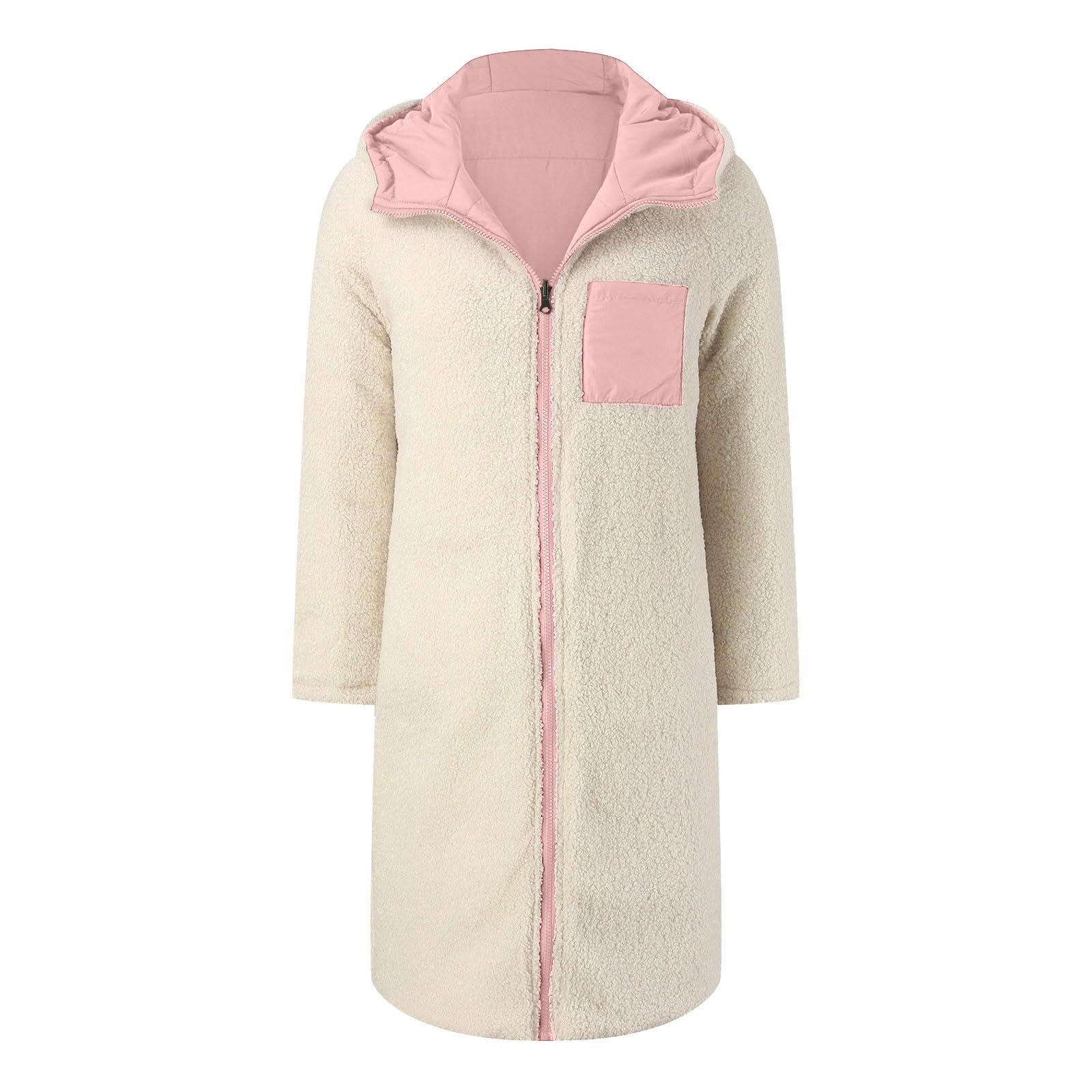 Generisch Damen Lange Wintermantel Warm Gefüttert Steppmantel Puffer Jacke mit Kapuze Fleece Mäntel Reißverschluss Elegant Parka Outdoorjacke Taschen