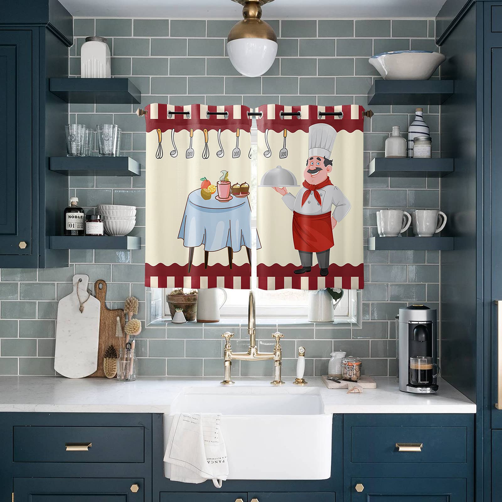 Grommet Top Draperies for Bedroom/Living Room/Kitchen, Kitchen Cook with Food Knife and Fork Set of 2 Window Curtain Panels, 42 x 63 Inch Length