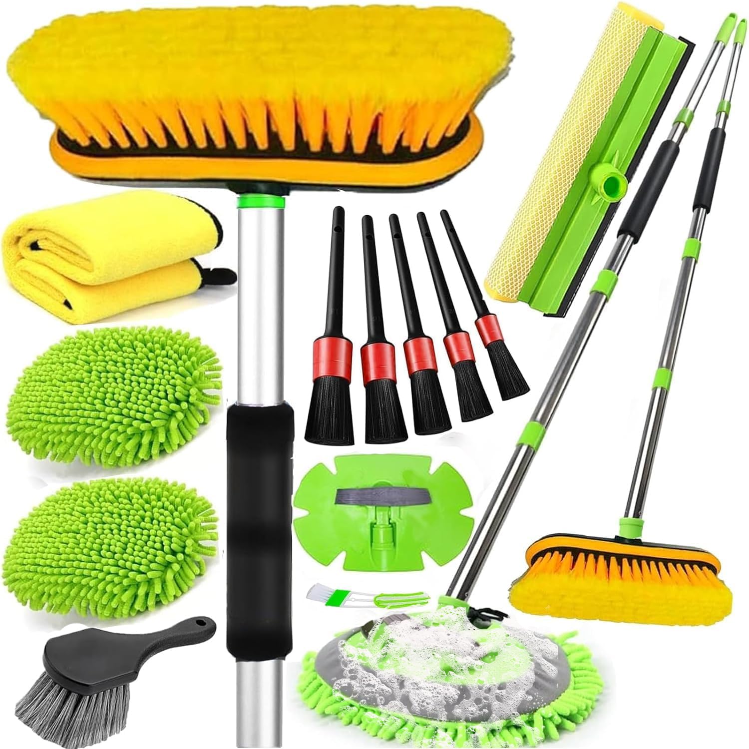Cepillo de Lavado de Coche de 62 Pulgadas con Mango Largo, cerdas Suaves sin arañazos, Kit de fregona de Lavado de Coche, Kit Completo de Cepillo de Limpieza de Coche, Guante de Lavado,