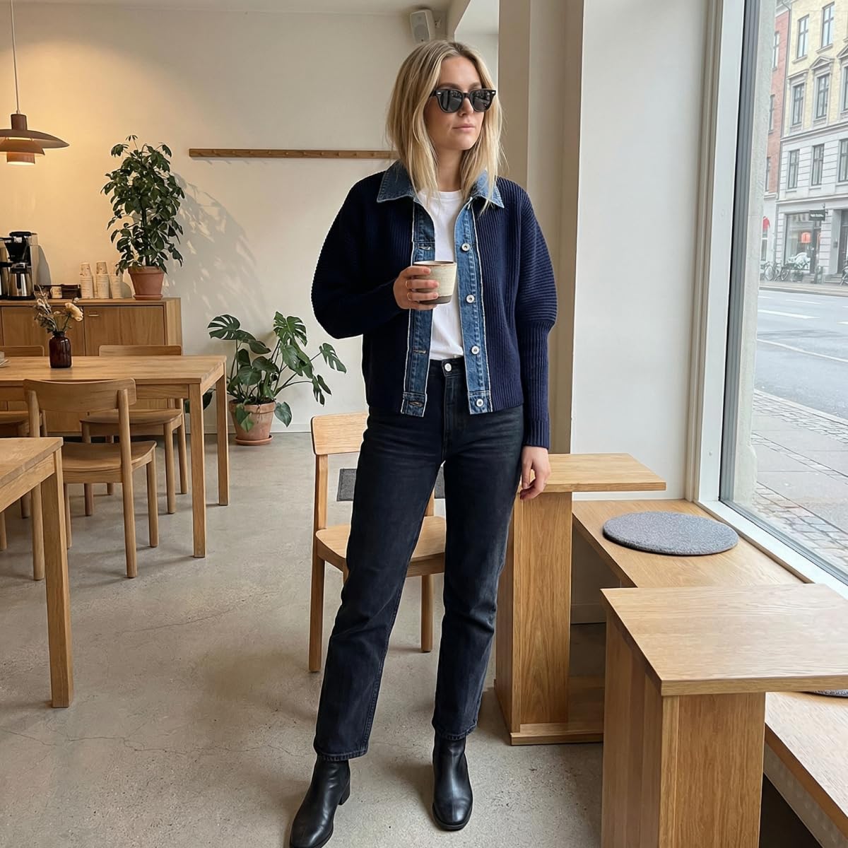 Swetry damskie Denim Patchwork Kardigan Wywijany Kołnierz Jednorzędowy Vingtage Dzianinowy płaszcz, granatowy, L